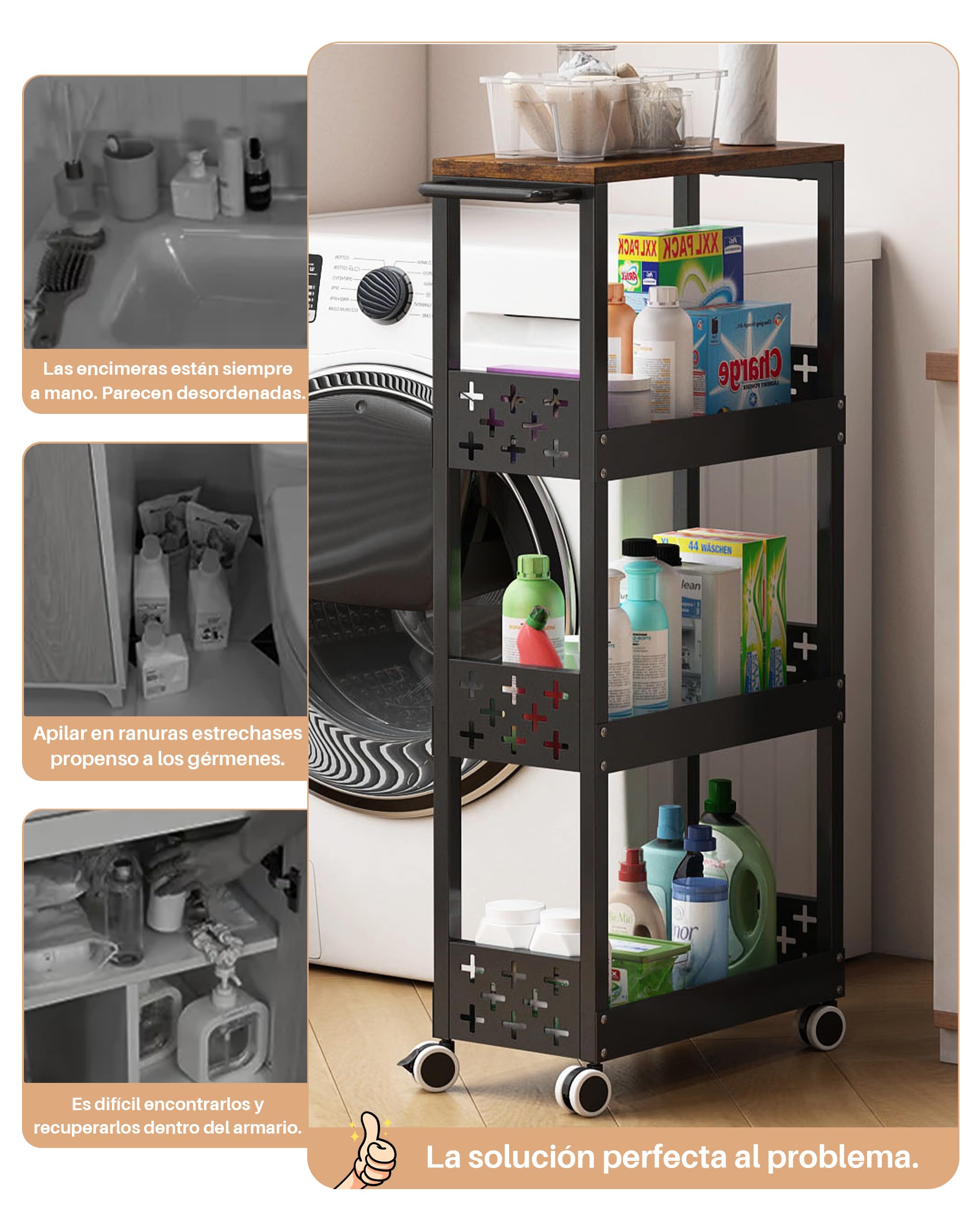 UMDONX Carrito Cocina Estrecho de Metal Carrito Auxiliar con Ruedas, Carrito de Servicio de 4 Niveles para Espacios Pequeños Baño Lavadero, 42x17x87cm (Negro)