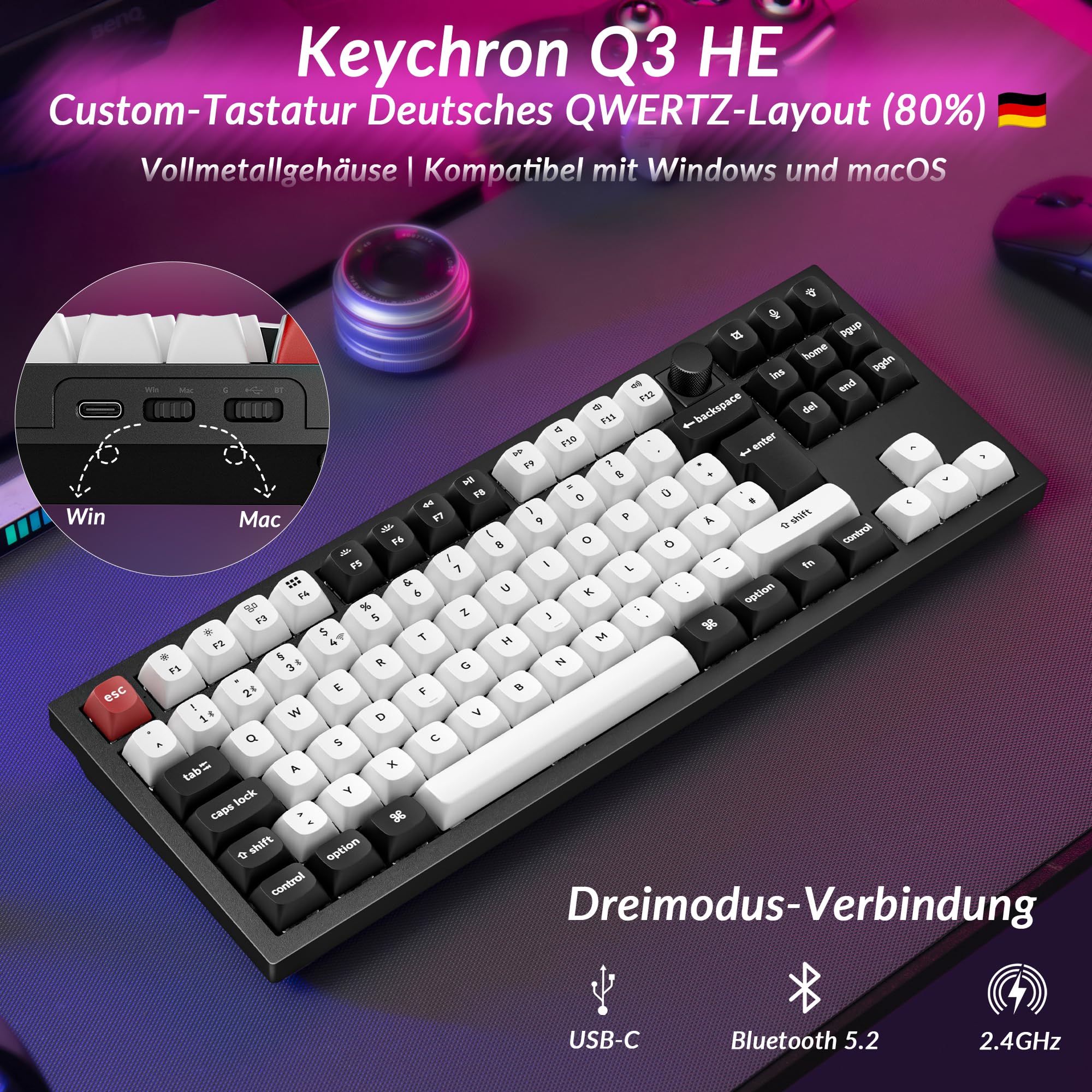 Keychron Q3 HE kabellose Custom-Tastatur, 80% TKL ISO-DE-Layout, Vollmetallgehäuse, 2,4 GHz, Rapid Trigger, programmierbar mit QMK/Launcher, Gateron Double-Rail-Magnetschalter, für Mac und Windows