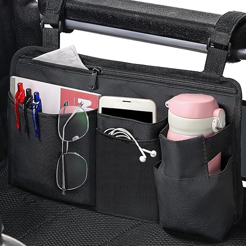 Bolsa lateral para silla de ruedas mejorada con soporte para tazas, accesorios para reposabrazos para silla de ruedas, rodillo, andador,