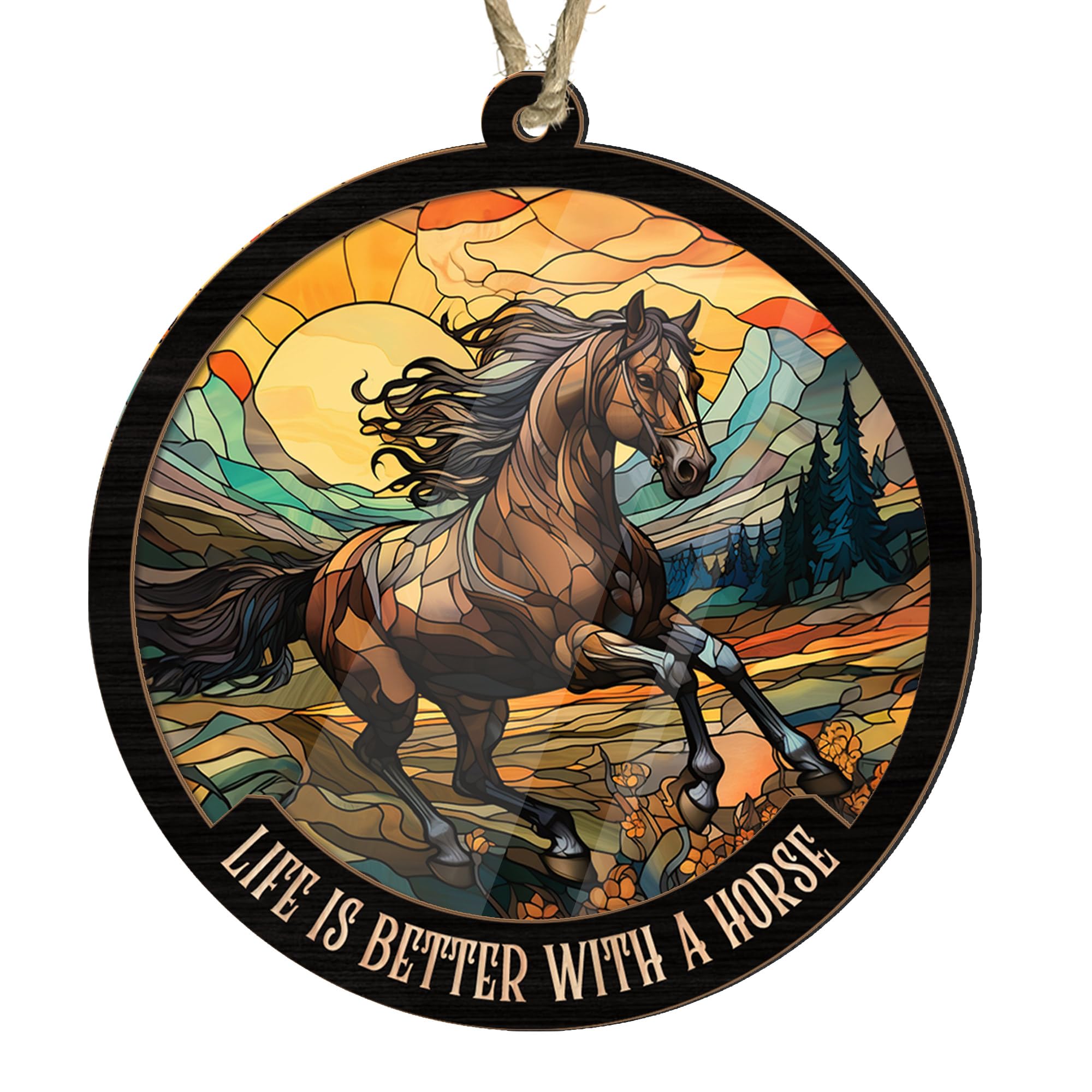 Artsy Woodsy Christmas Decor Horse Suncatcher Wooden Ornaments for Christmas Tree Decorations, Unique Gifts for Horse Lovers, Vintage Western Cowboy Rear Mirror Car Accessories (02)