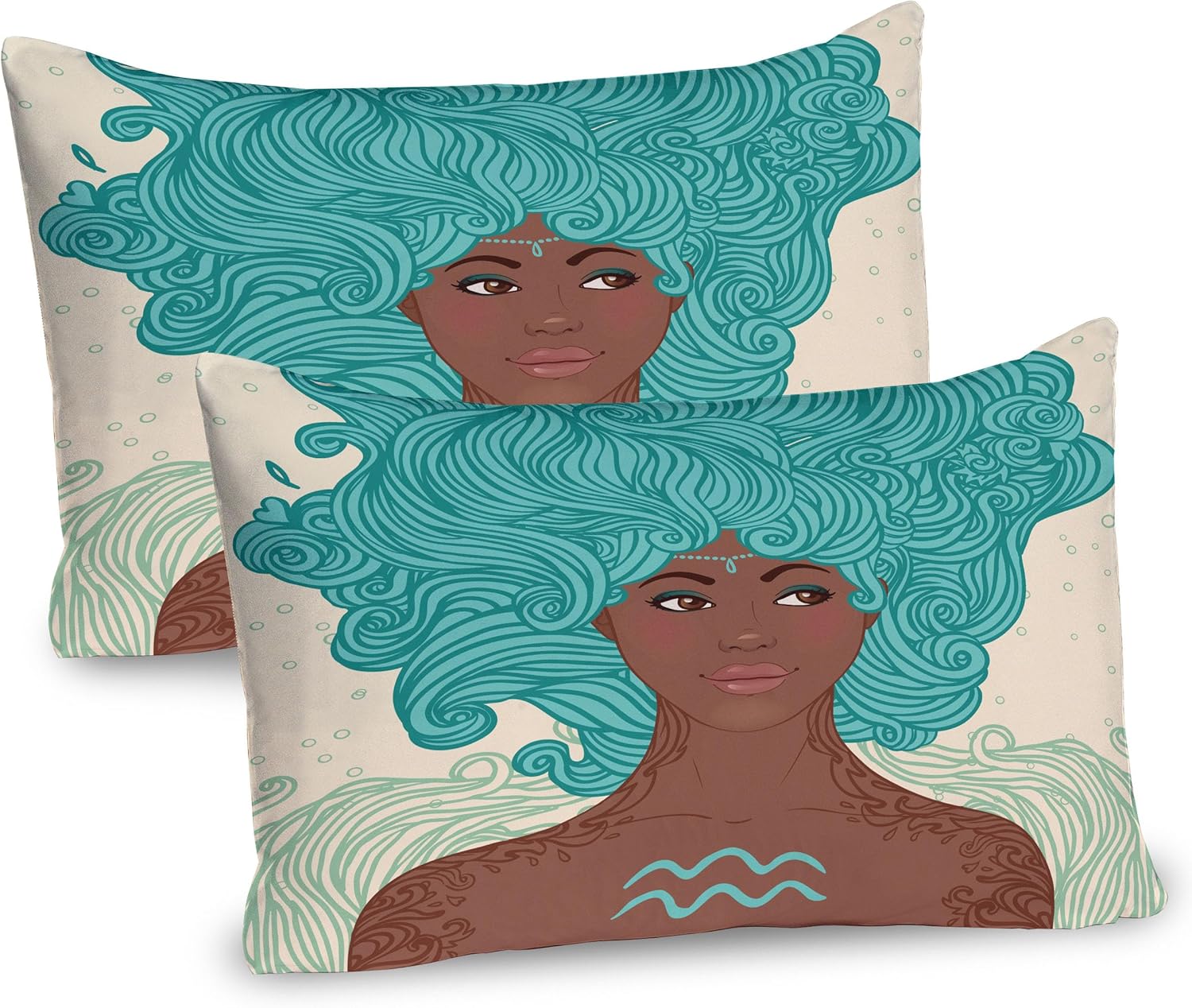 Ambesonne Zodiac Aquarius Pillow Sham Set of 2, Lady Beauty Girl Fantasy Portrait Portrait, Quality Microfiber Bedding Item for All Seasons, 26" x 20", Pale Green Teal Brown