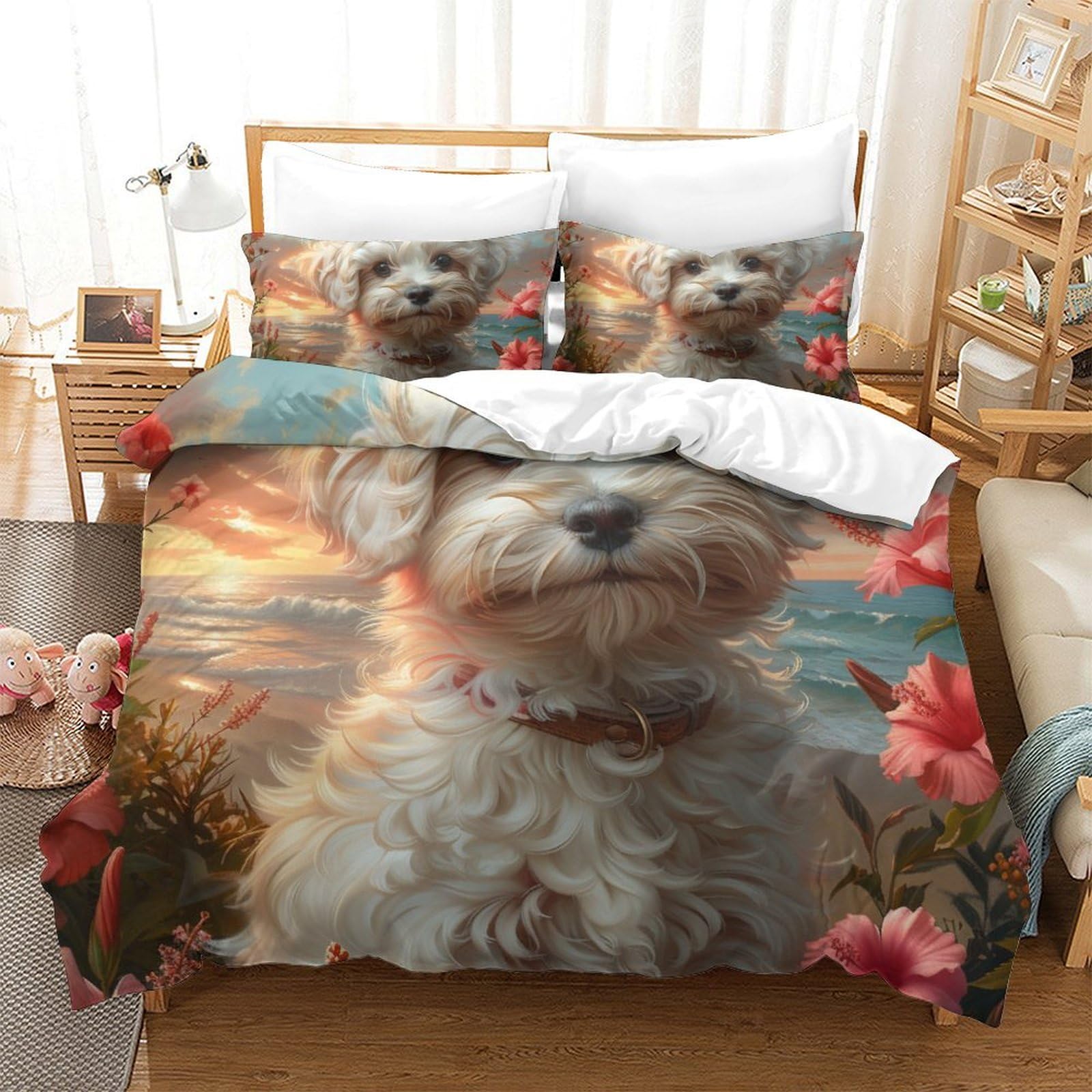 Parure de lit microfibre 260x220 cm housse de couette chien 3D taie d'oreiller grand lit super king