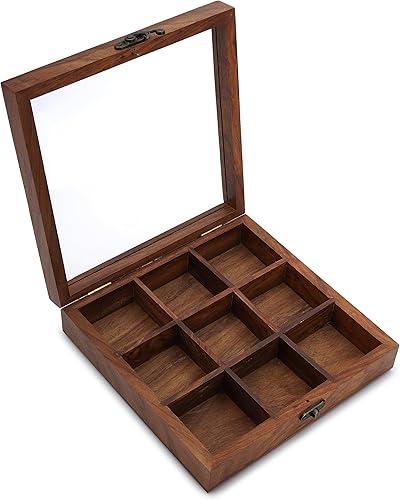 Miniatura 6 de Ajuny Caja de especias de madera de 8 x 8 pulgadas, organizador decorativo de Masala Dabba con tapa de vidrio, 9 compartimentos fijos y cuchara,