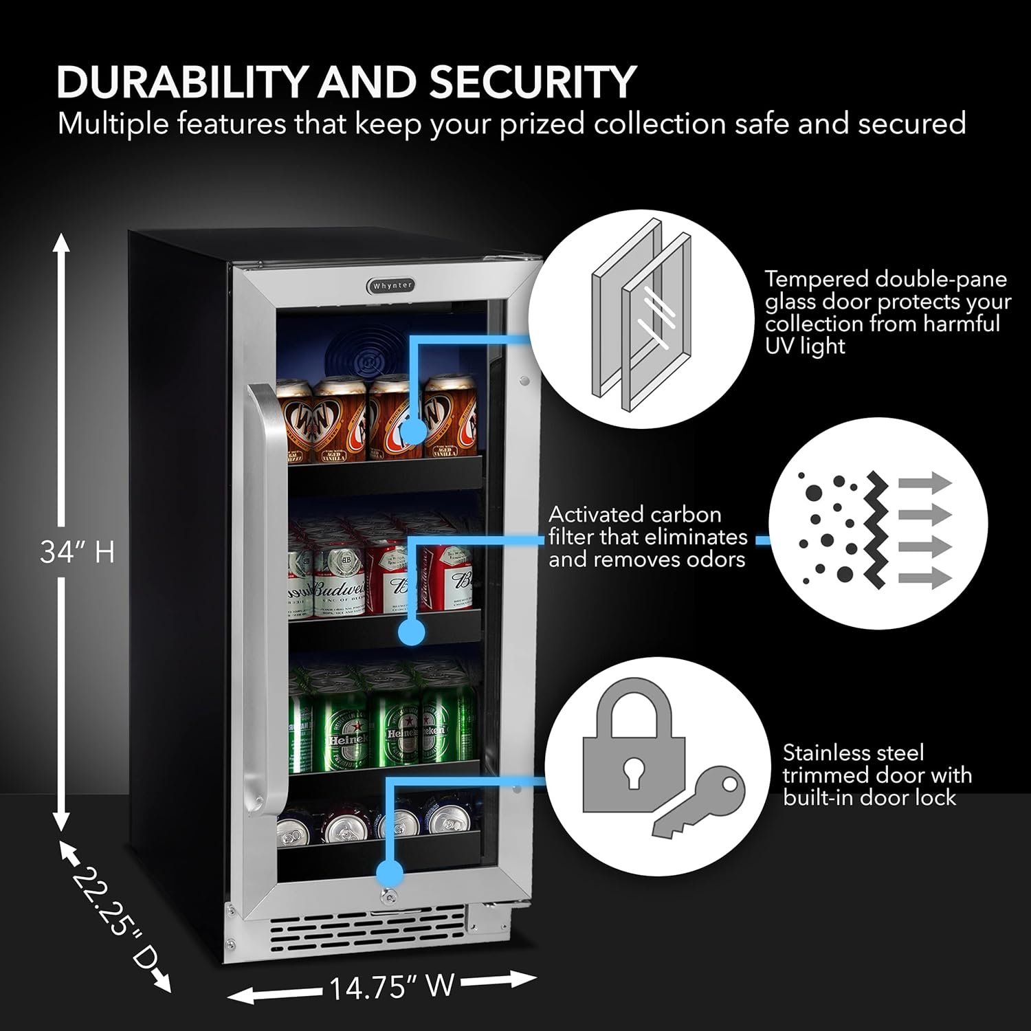 Whynter BBR-838SB Built-in Under Counter 15 inch Beverage Refrigerator and Cooler Fridge with Glass, Lock, Reversible Door, Digital Control and Carbon Filter, 3.0 cu. ft, Stainless Steel, 112 Capacity
