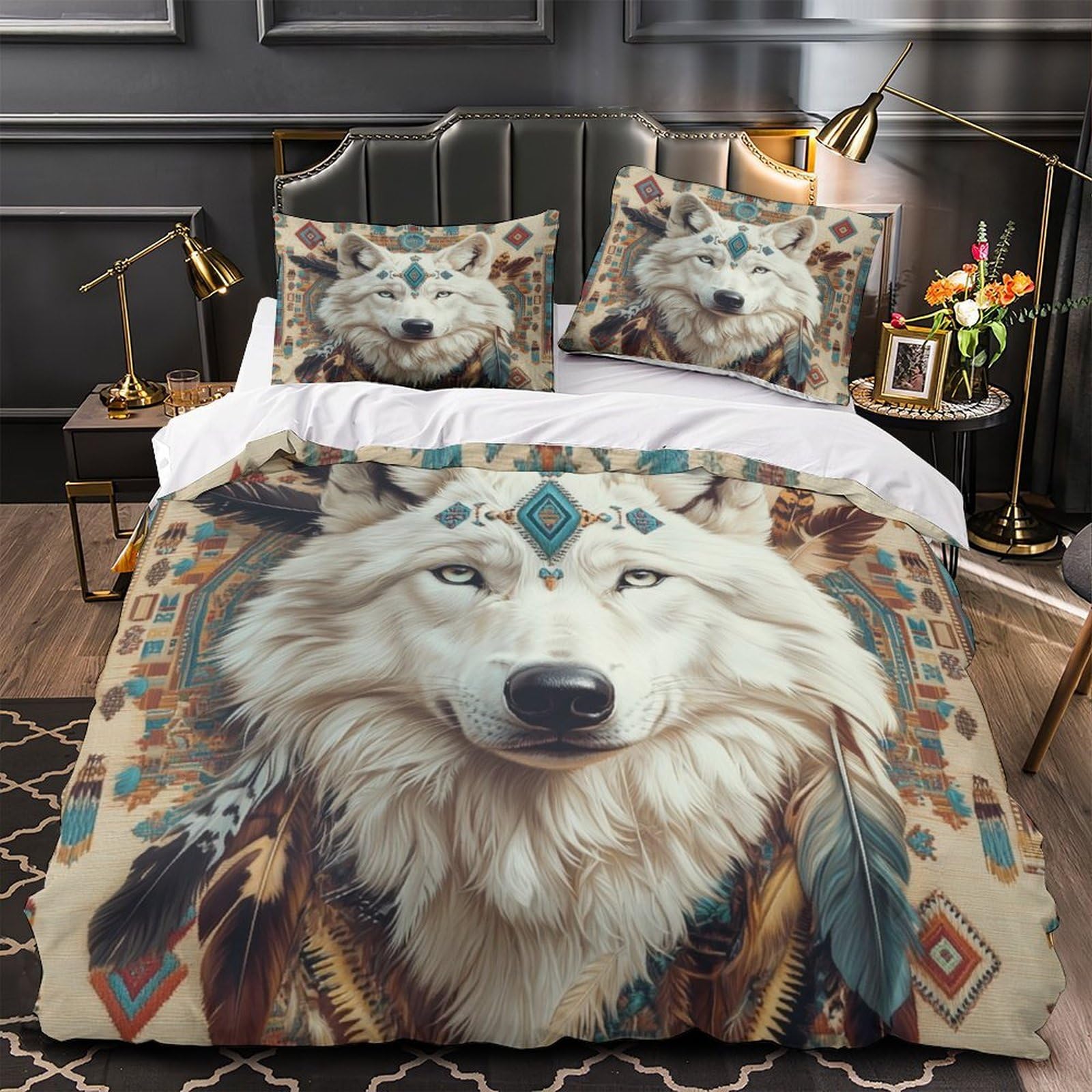 Parure de lit motif amérindien loup pour chambre d'adolescent moderne