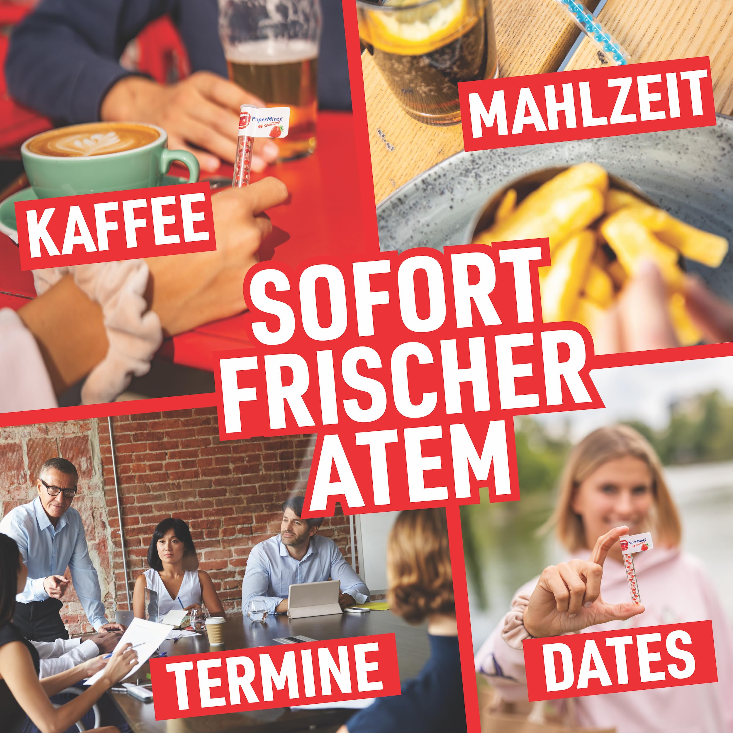 PaperMints CoolCaps – Zuckerfreie Erdbeer-Perlen für frischen Atem, trockenen Mund & Mundgeruch – Display, 32 Röhrchen à 18 Kapseln