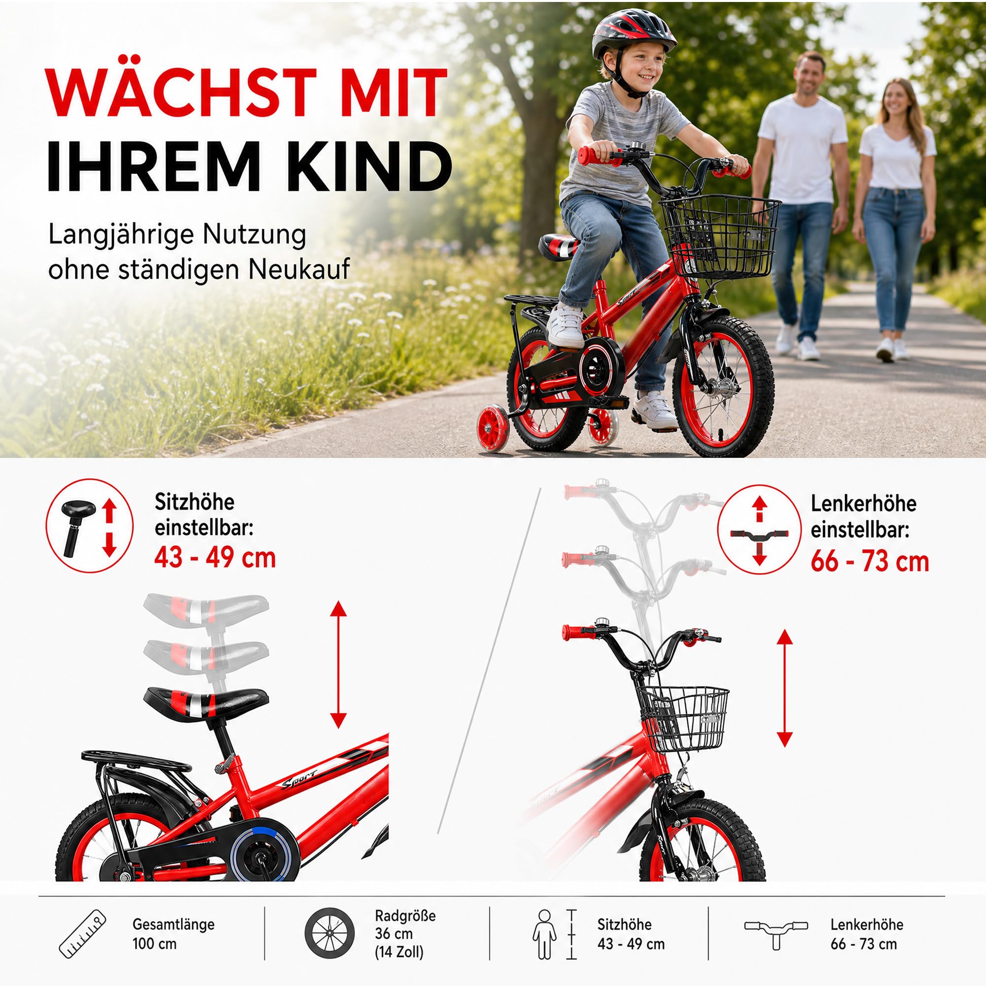 Kinderfahrrad 14 Zoll - Ab 3-5 Jahre für Jungen & Mädchen