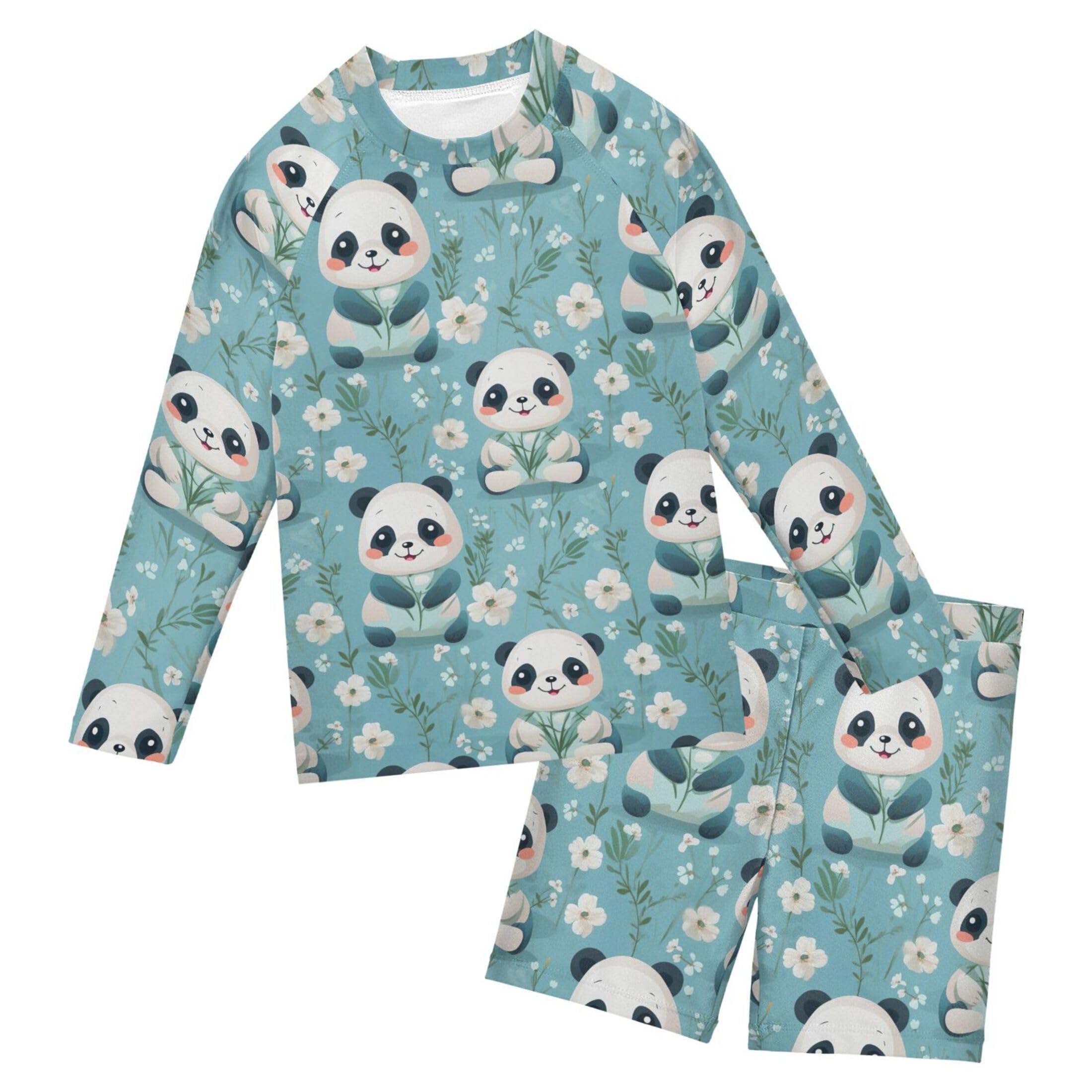 Panda Flowers Boys Rash Guard Swimsuits Set for Boys Long Sleeve Swim Shirts Bathing Suits with Trunks B0403202