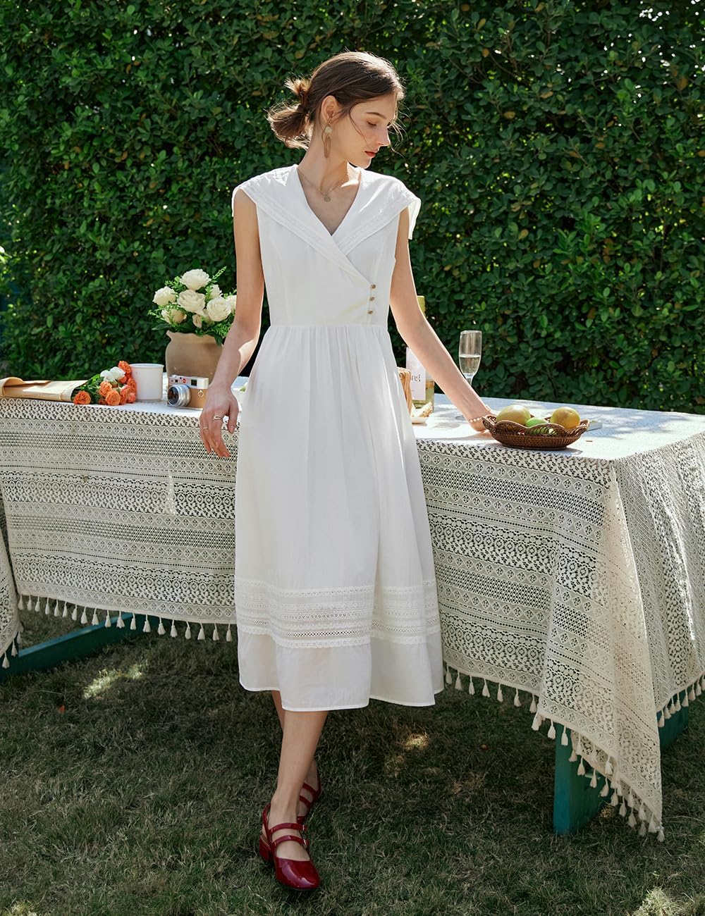 Women's White Cotton Boho Embroidered Eyelet Midi Dress, Sailor Collar Sleeveless Summer Casual Beach Vacation Dress - Image 6