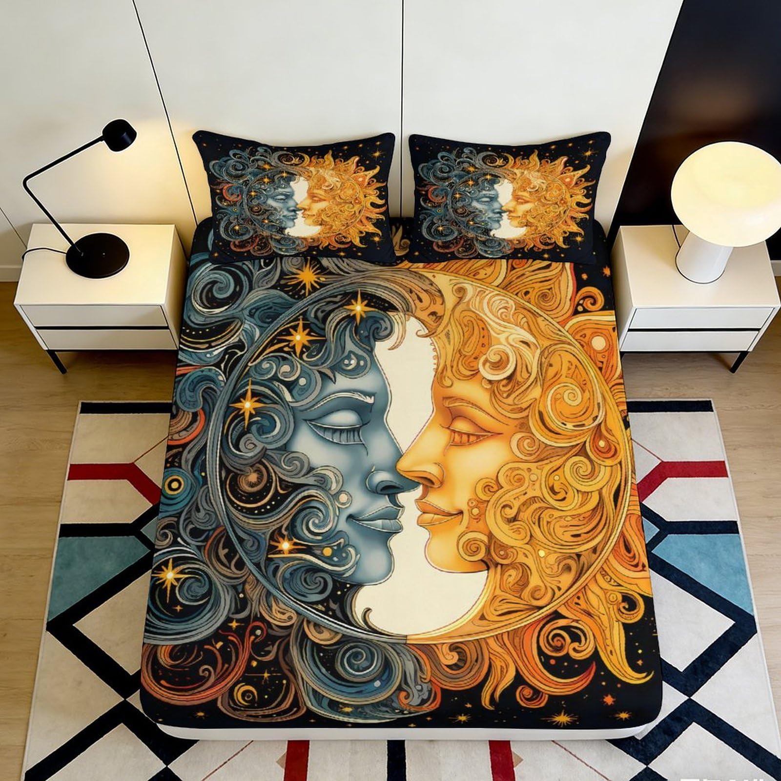 3D Printed Sun Moon Fitted Sheet Microfiber Soft Breathable Celestial Bed Cover for Bedroom Guest Room Decor 160x200x25cm