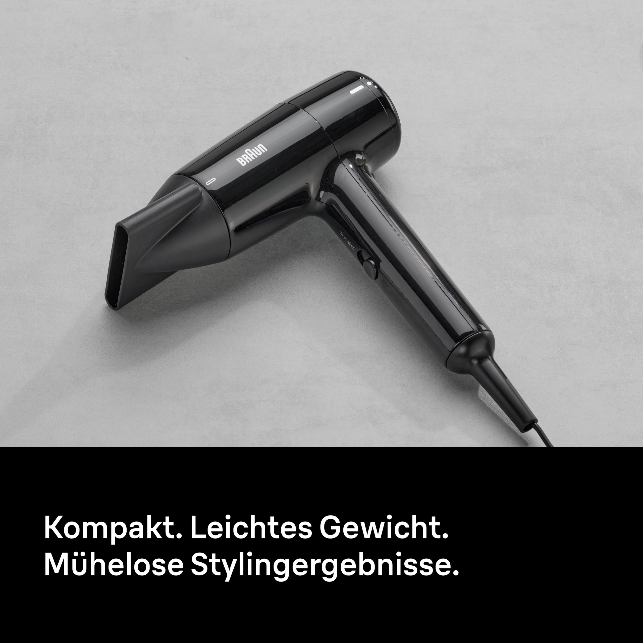 Braun Haartrockner HD1.5 – Kompakter, leichter Haartrockner mit Stylingdüse, Reisehaartrockner, 1800W, 3 Temperatur-/Geschwindigkeitsstufen, Schwarz, Vielseitigkeit und einfache Handhabung, BRHD150E