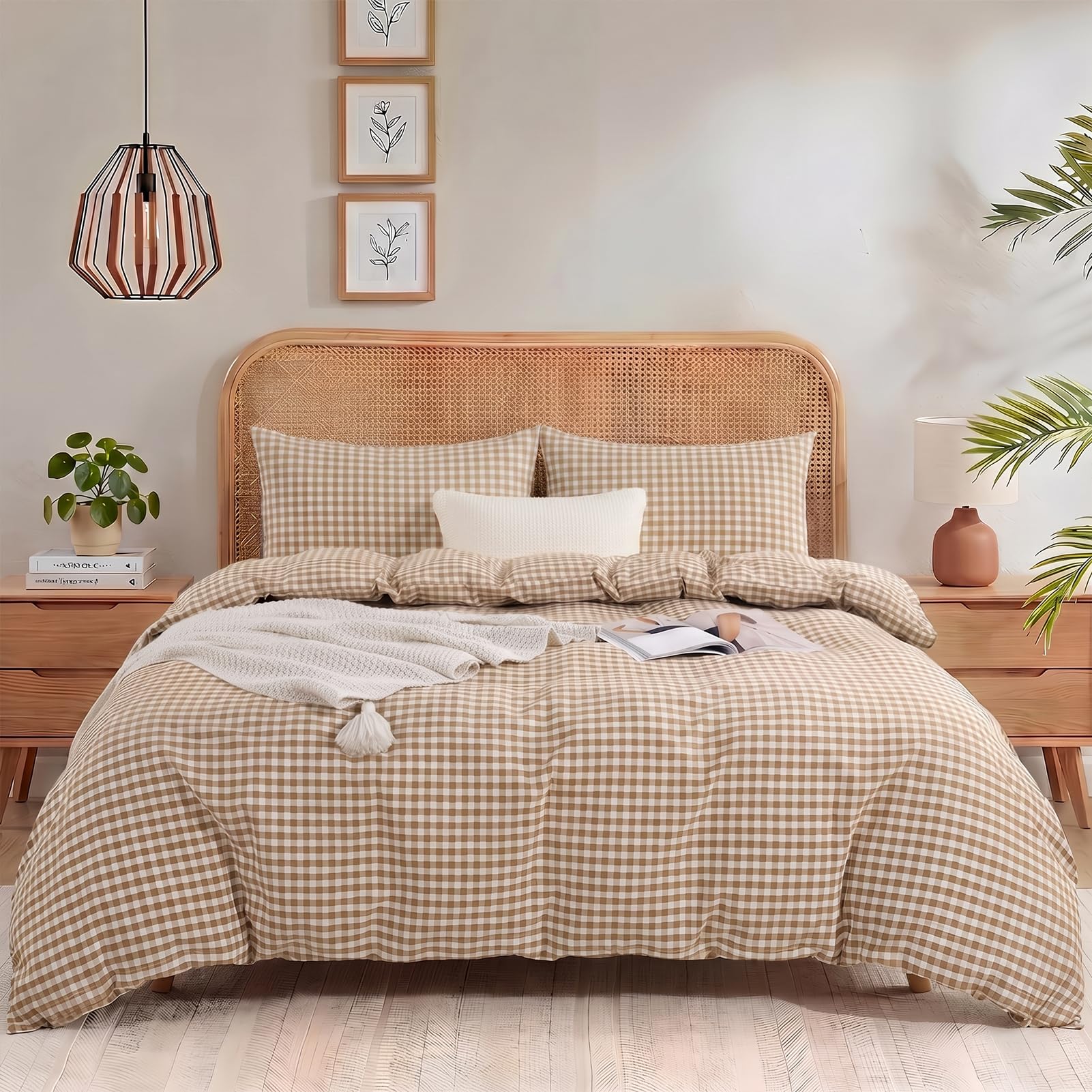 NEXHOME PRO Tan Gingham Duvet Cover Full, 100% Washed Cotton Like Linen Feel Organic Natural Bedding Set 3 Piece Brown Vintage Plaid Checkered Comforter Cover Set (No Comforter) 8090