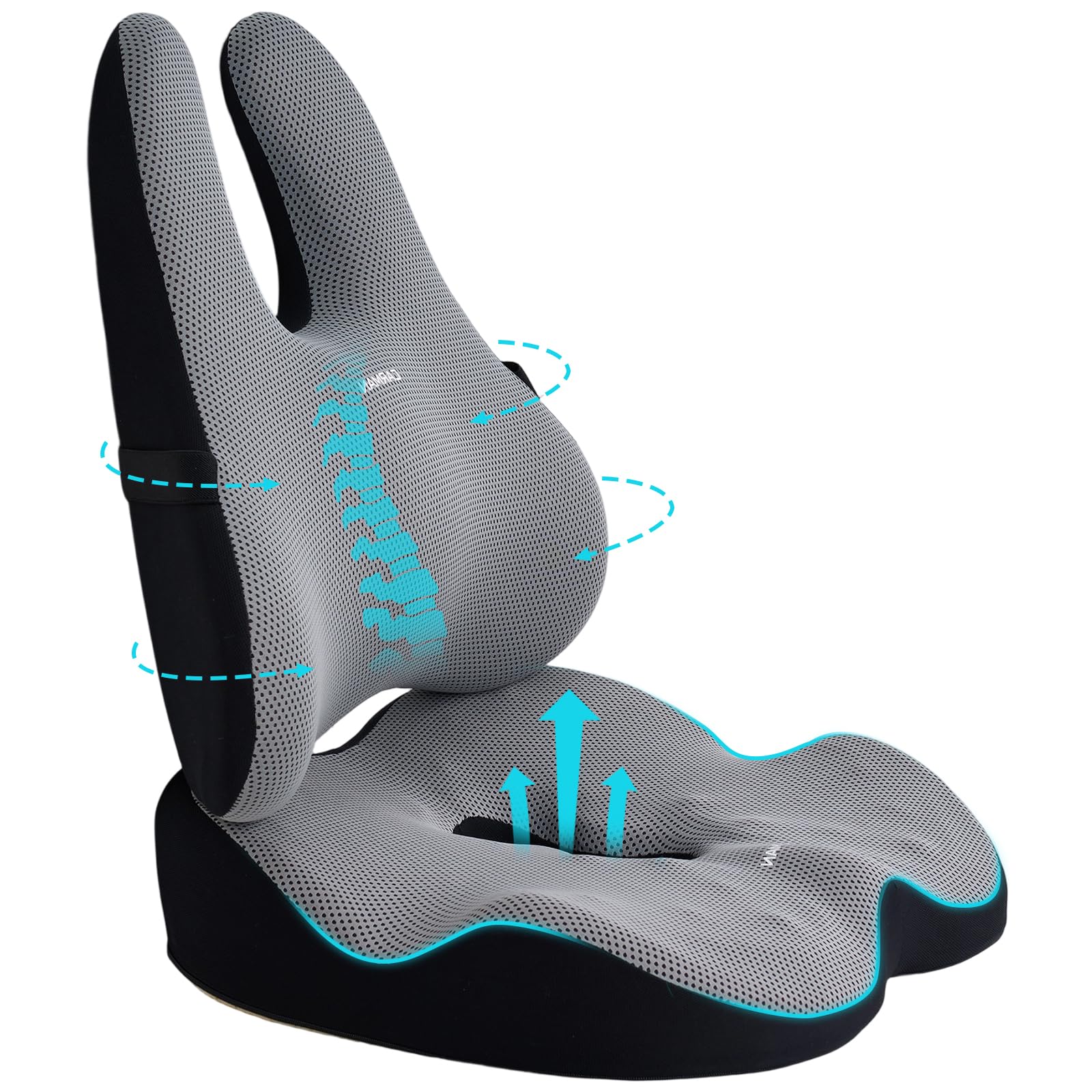 Warmiehomy 2-in-1 Lumbar Support & Office Chair Cushion, Seat Cushion for Office Chair, Back Support Cushion Memory Foam Back Pain Relief, Non-Slip Coccyx Cushion Set for Desk, Gaming, Car Seat, Gray