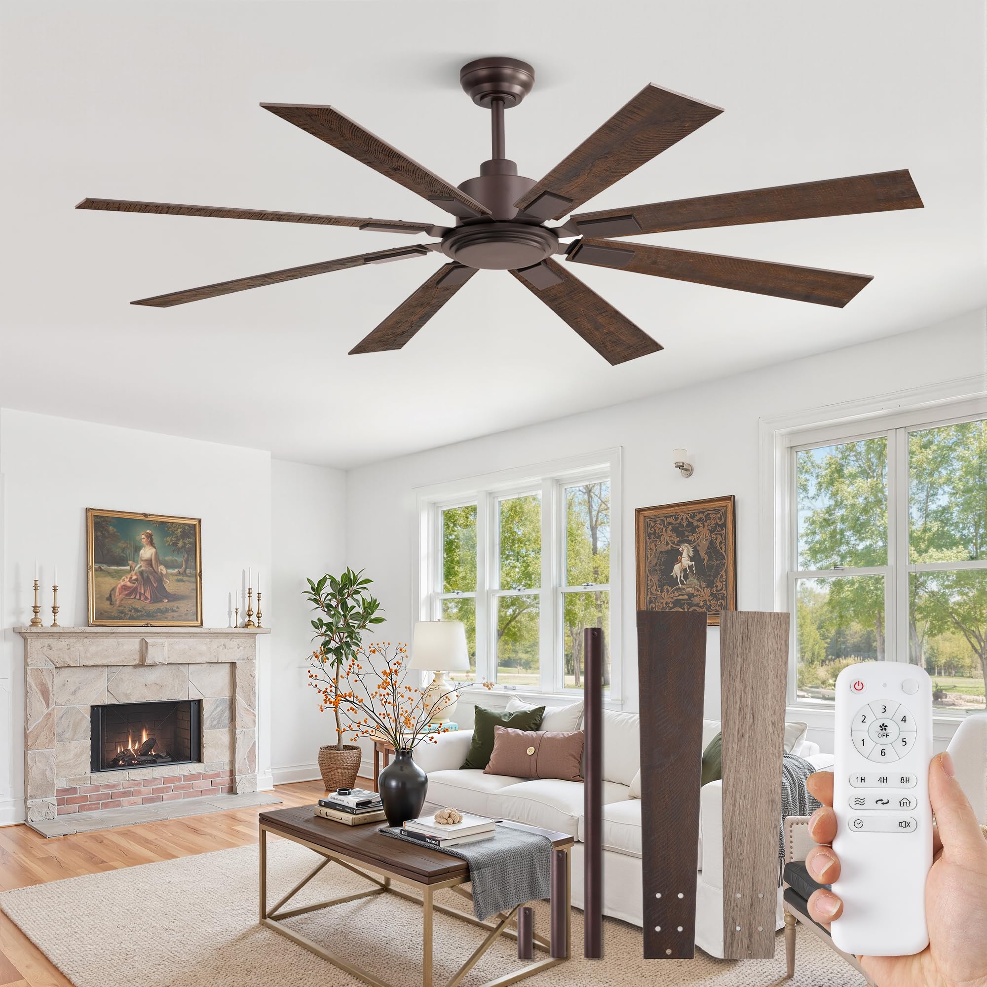 62 Inch Ceiling Fan No Light with Remote Control, 8 Blades Quiet DC Reversible Motor, 6-Speed, Timer, Oil Rubbed Bronze Finish, Indoor Outdoor Ceiling