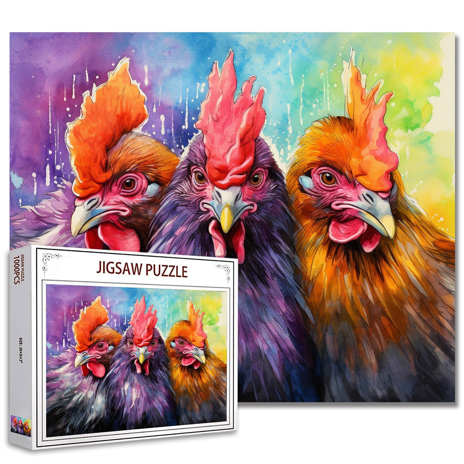 Tucocoo 1000-teiliges Puzzle für Erwachsene, Aquarell-Hühner, Malpuzzle, lustige Bauernhoftiere, 1000 Teile Puzzles für Spielabende, Hahne, Bunte Kunst, Wanddekoration, Bastelpuzzle, Geschenke