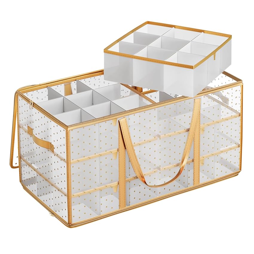 Immagine del prodotto SONGMICS Contenitore per Palline di Natale, 54 Scomparti da 10,2 cm, Scatola Decorazioni Natalizie in Plastica con Coperchio, Doppia Cerniera Lampo, 6 Vassoi, Maniglie, Dorato Sabbioso RFB030A01