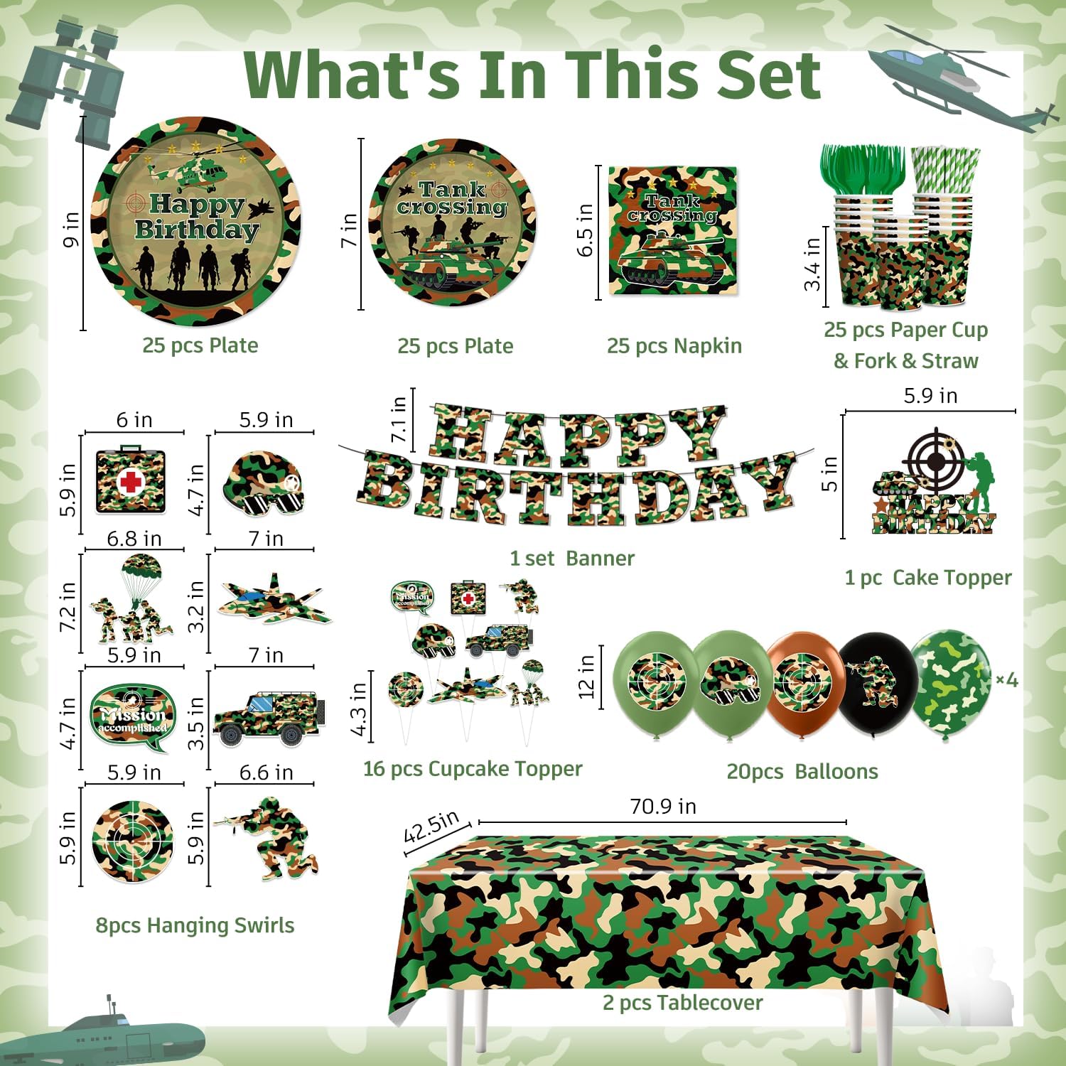 198pcs Army Birthday Party Decorations Include Camo Plates and Napkins Set, Banner, Hanging, Tablecloth, Balloon, Cupcake Topper, for Camouflage Hunting Military Theme Birthday Party, Serve 25