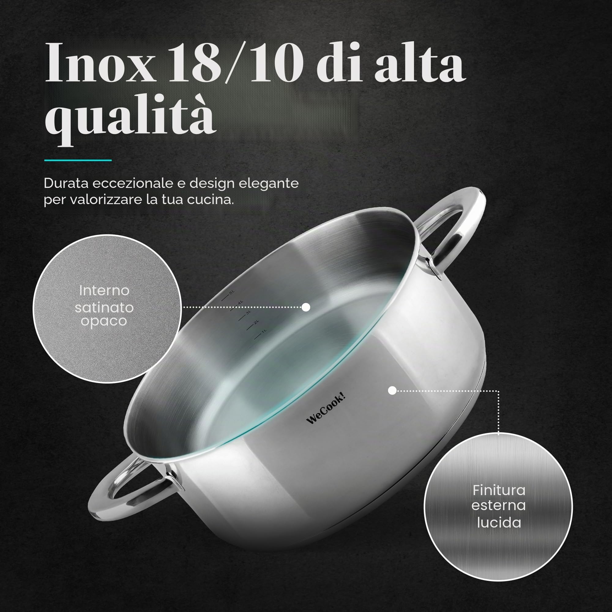 Wecook! Pentola in acciaio inossidabile 18/10 con coperchio in acciaio, Adatta a tutti i tipi di fornelli inclusa l'induzione, scala di misurazione integrata, Ø 24 cm, capacità 4,5 litri.