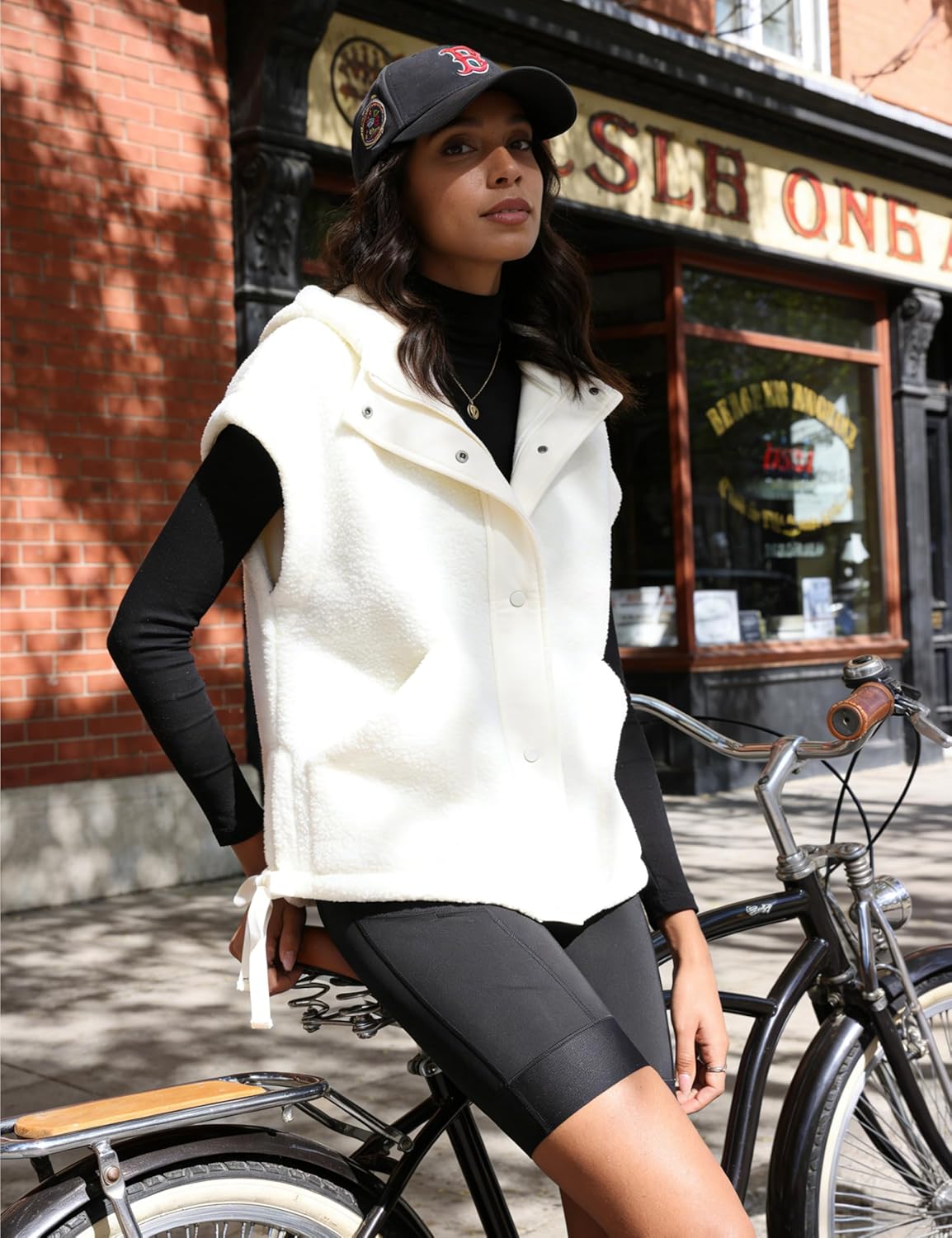 Womens Hooded Fleece Vest Oversized Sleeveless Sherpa Jacket Warm Button Down Gilet Outerwear with Pockets - Image 4