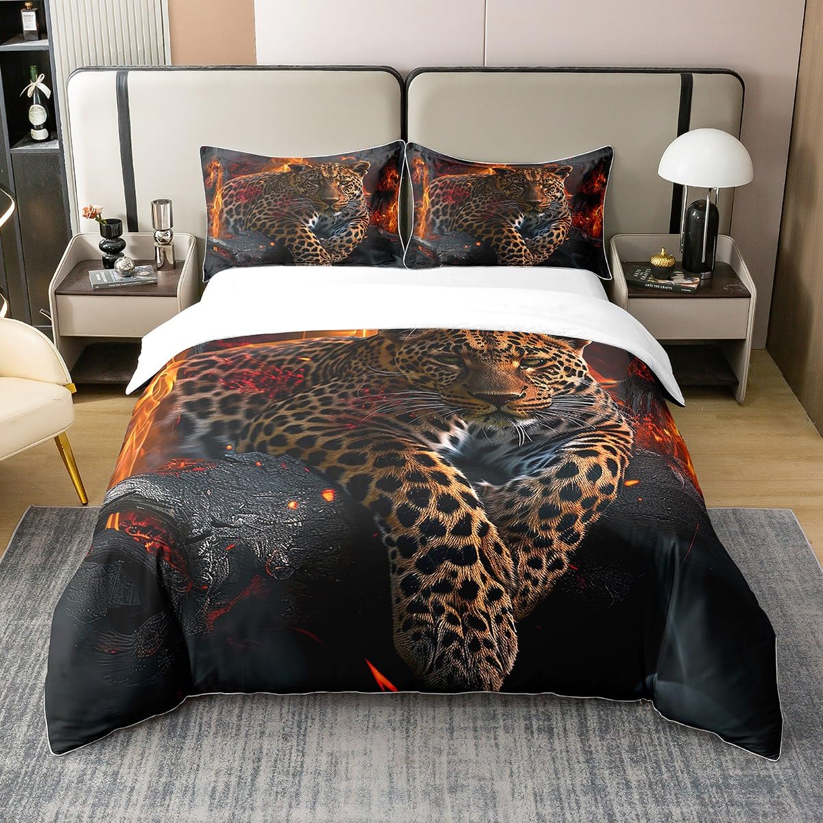 Housse de couette 100 % coton bio motif guépard imprimé 3D safari 155x220