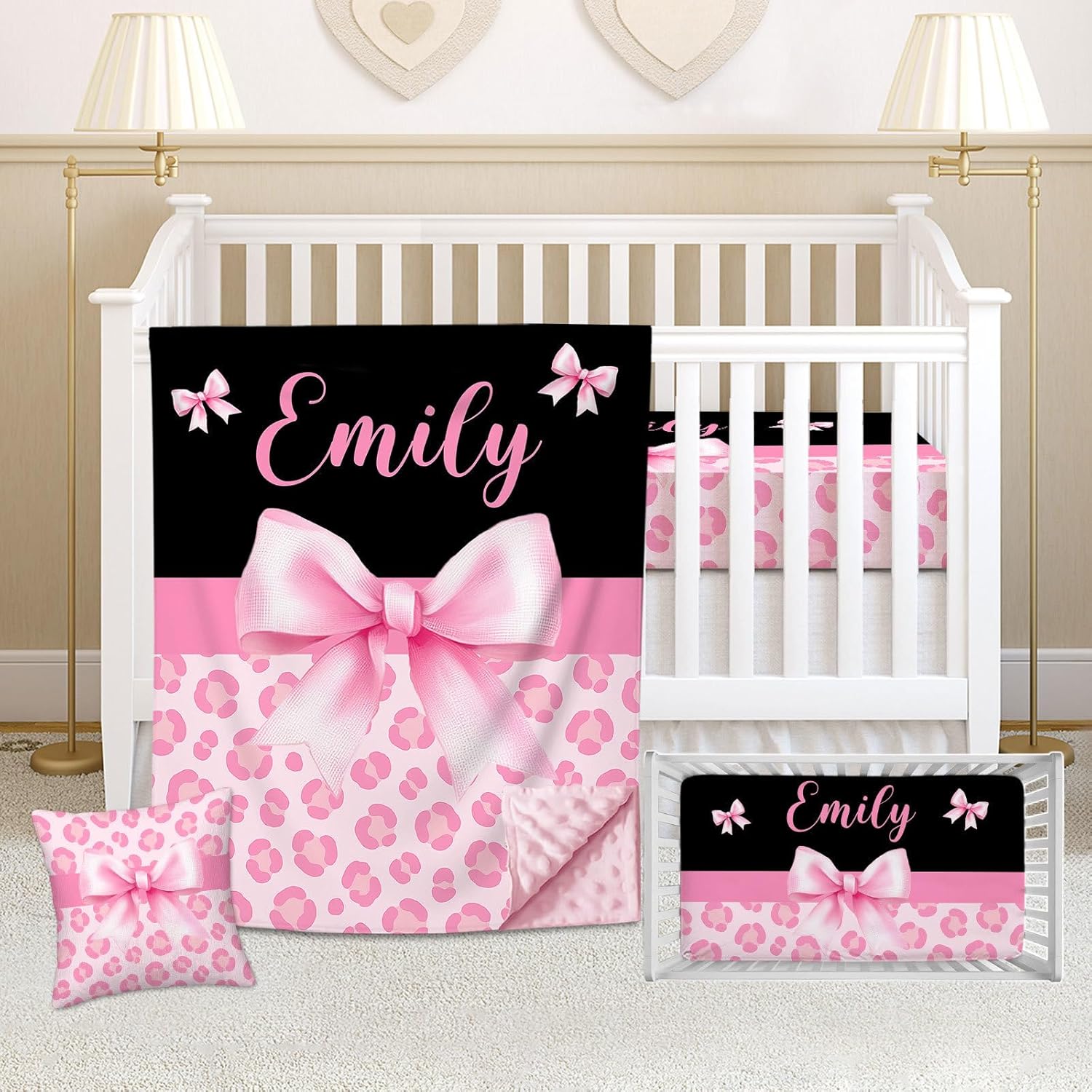 Custom Baby Girl Crib Bedding Set – Pink Bow with Pink Leopard Personalized 3-Piece Nursery Set with Name, Minky Dot Blanket, Fitted Sheet & Pillowcase, Baby Bedding for Newborns & Toddlers