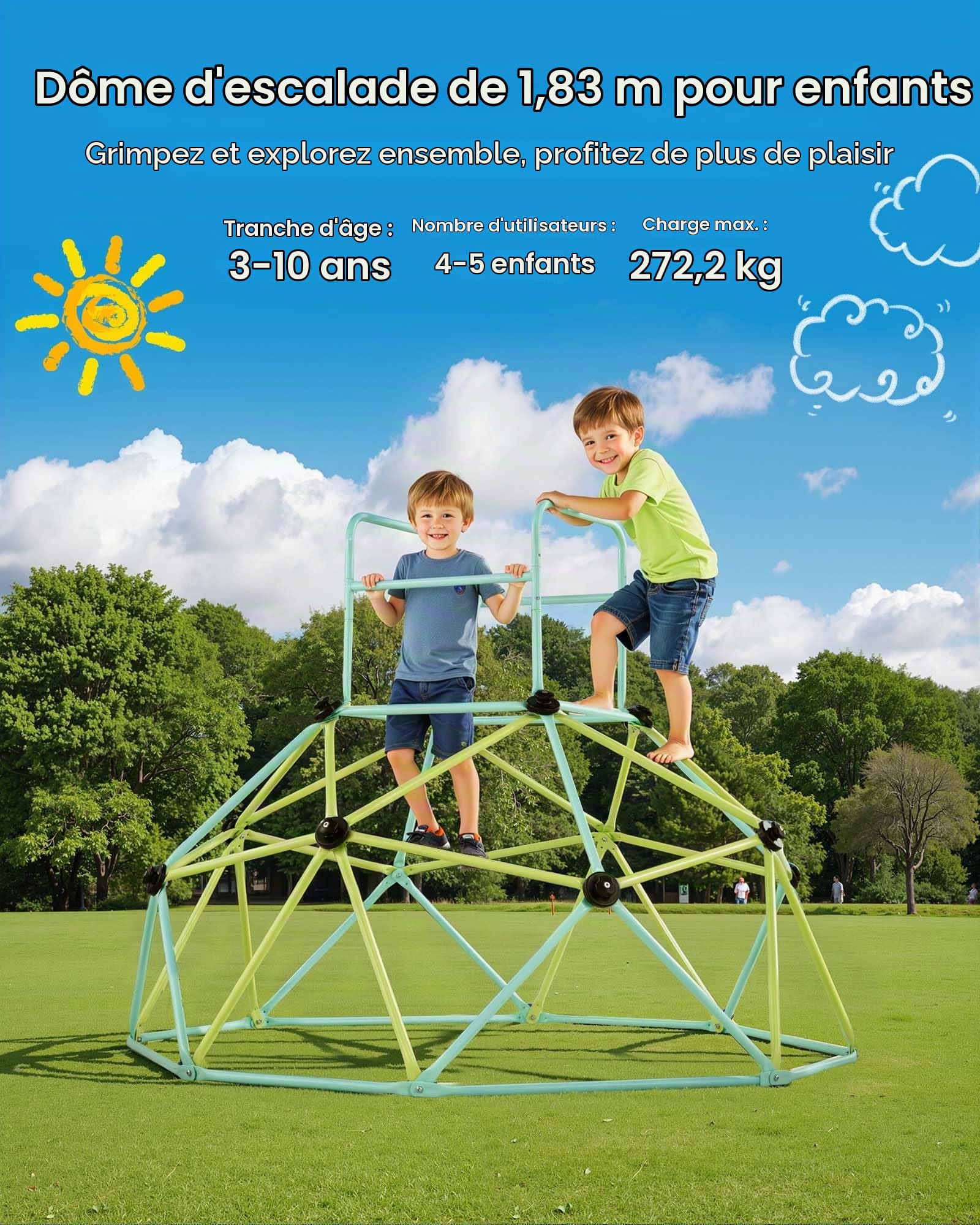 VEVOR Dôme d'escalade Géométrique 183 cm, Cage à Grimper avec Grande Capacité de Charge de 270 kg, Cage à Écureuil Solide, Aire de Jeux Extérieur et Intérieur, pour Garçons et Filles 3-10 Ans
