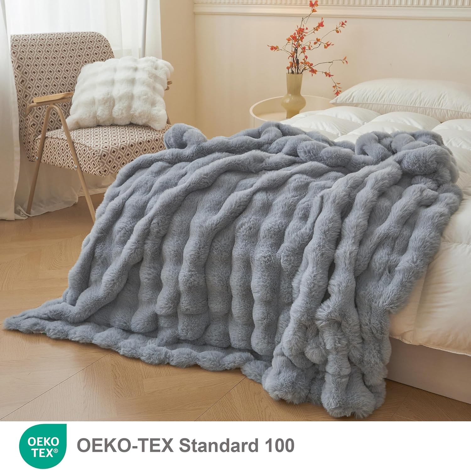 liferevo luxury fluffy faux rabbit fur throw, plush fuzzy bubble blanket for couch sofa, soft cute furry bed blanket home decoration, shaggy throw for bedroom living room office, 50x60, light grey 50" x 60" light grey