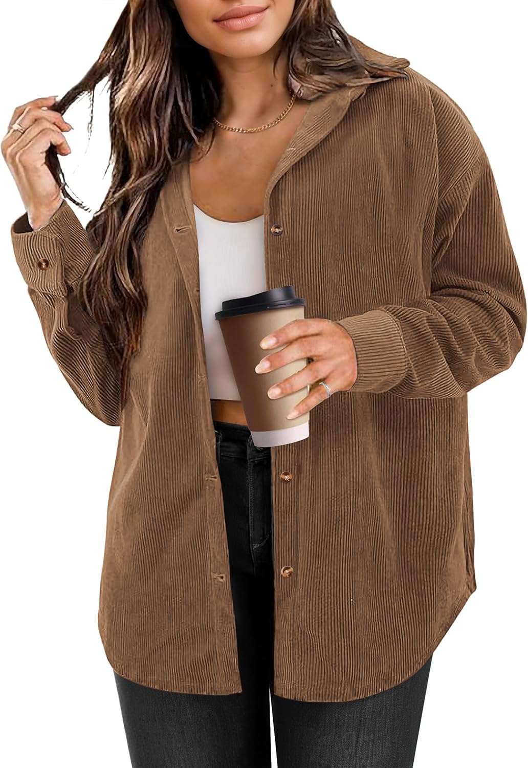 AKEFUN Womens Corduroy Button Down Shirts Long Sleeve Oversized Boyfriend Casual Blouses Tops