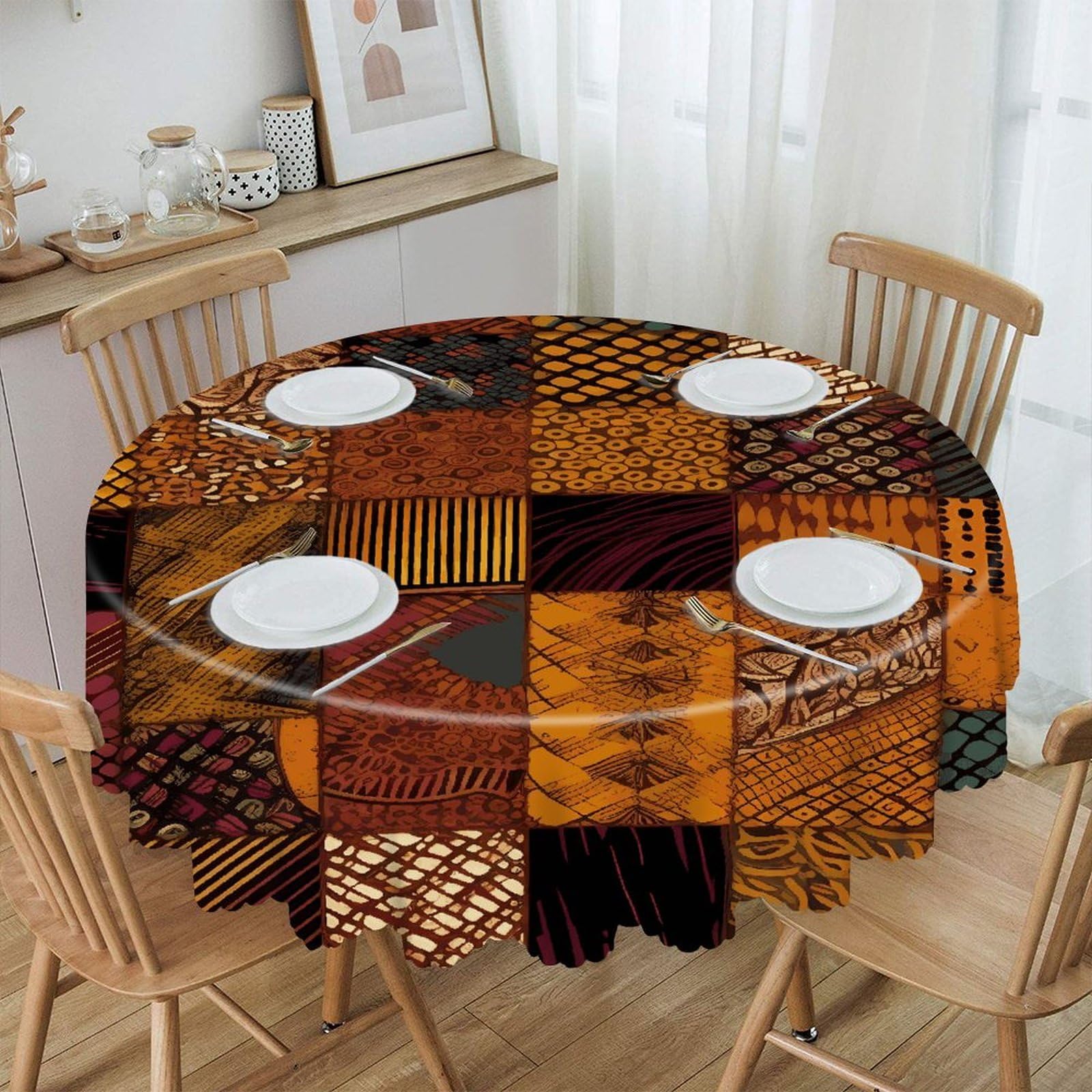 VstaDank African Style Patchwork Round Tablecloth Premium Polyester Table Cloth Heavy Duty Washable Fabric Tablecloth Waterproof Holiday Table Cover Decorative Tablecloths for Dining 60"