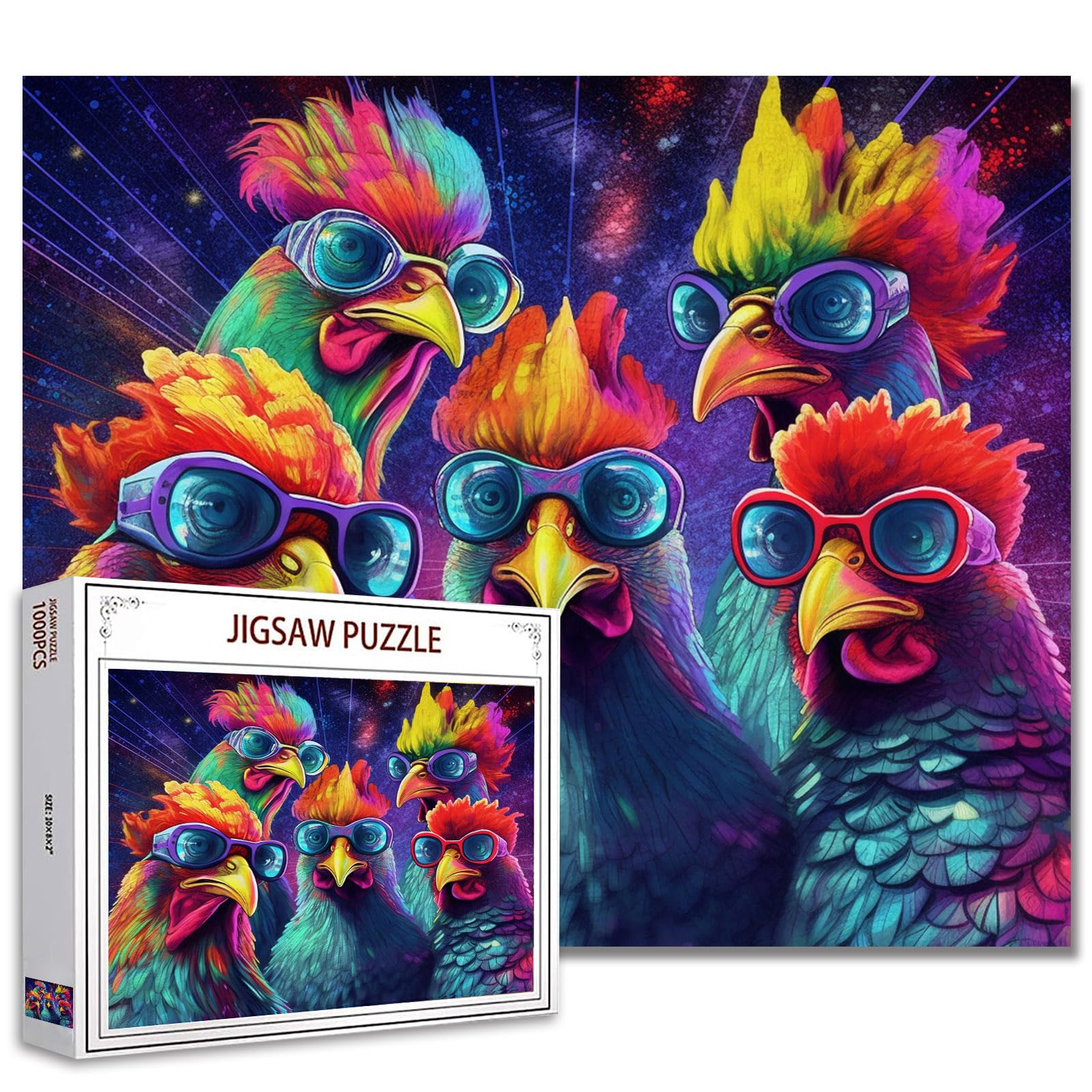 Tucocoo Roosters with Sunglasses Art Jigsaw Puzzle 1000 Pieces Puzzles for Adults, Rave Party Funny Chickens Jigsaw Puzzles for Challenging Family Activity Games Colorful Puzzle for Home Decor Gifts