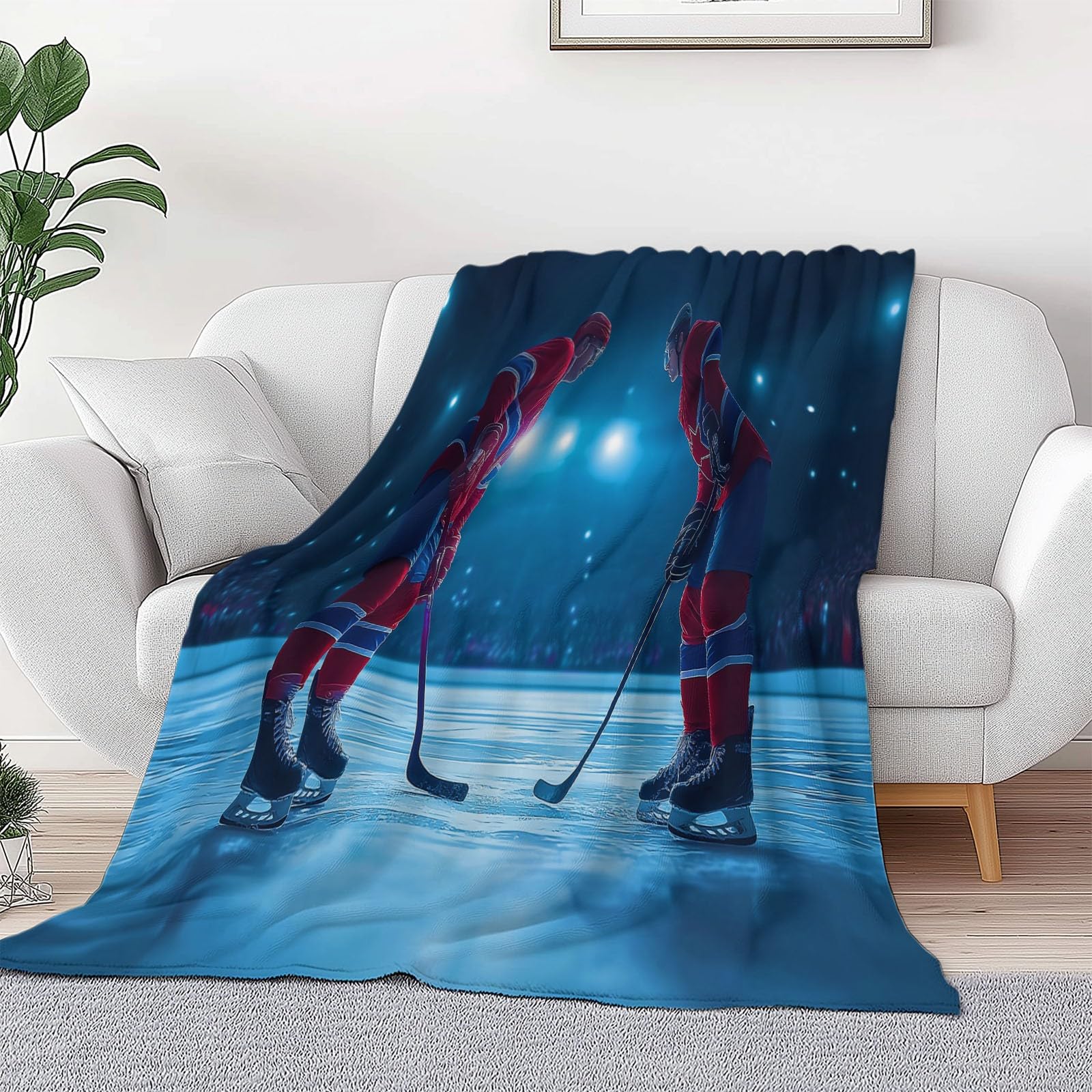 Genérico Polarowy koc flanelowy dla dzieci i dorosłych 200 x 200 cm, koce na sofę z nadrukiem surrealizm sport hokeiści - niebieski miękki ciepły ciepły oddychający lekki koc