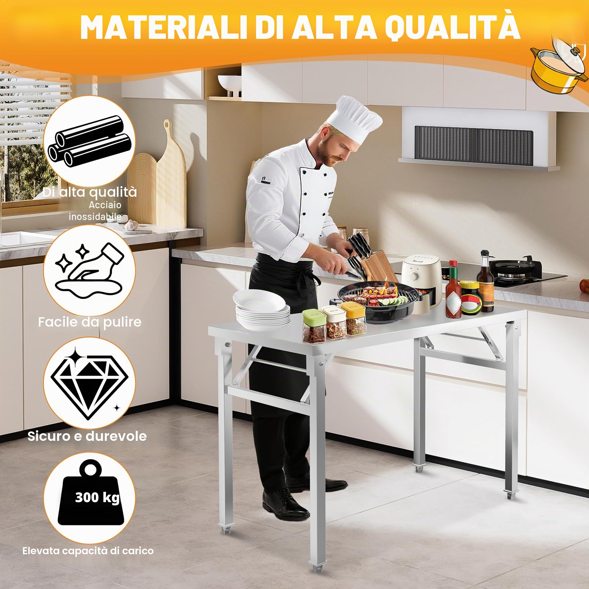 LZQ Tavolo da lavoro in acciaio inox, 60 x 100 x 85 cm, tavolo pieghevole con telaio stabile per cucina, bar, ristorante