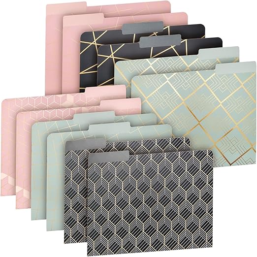Paper Junkie Decorative File Folders for Documents with Gold Foil Geometrical Accents - Letter-Size 11.5 x 9.5 in - Pack of 12