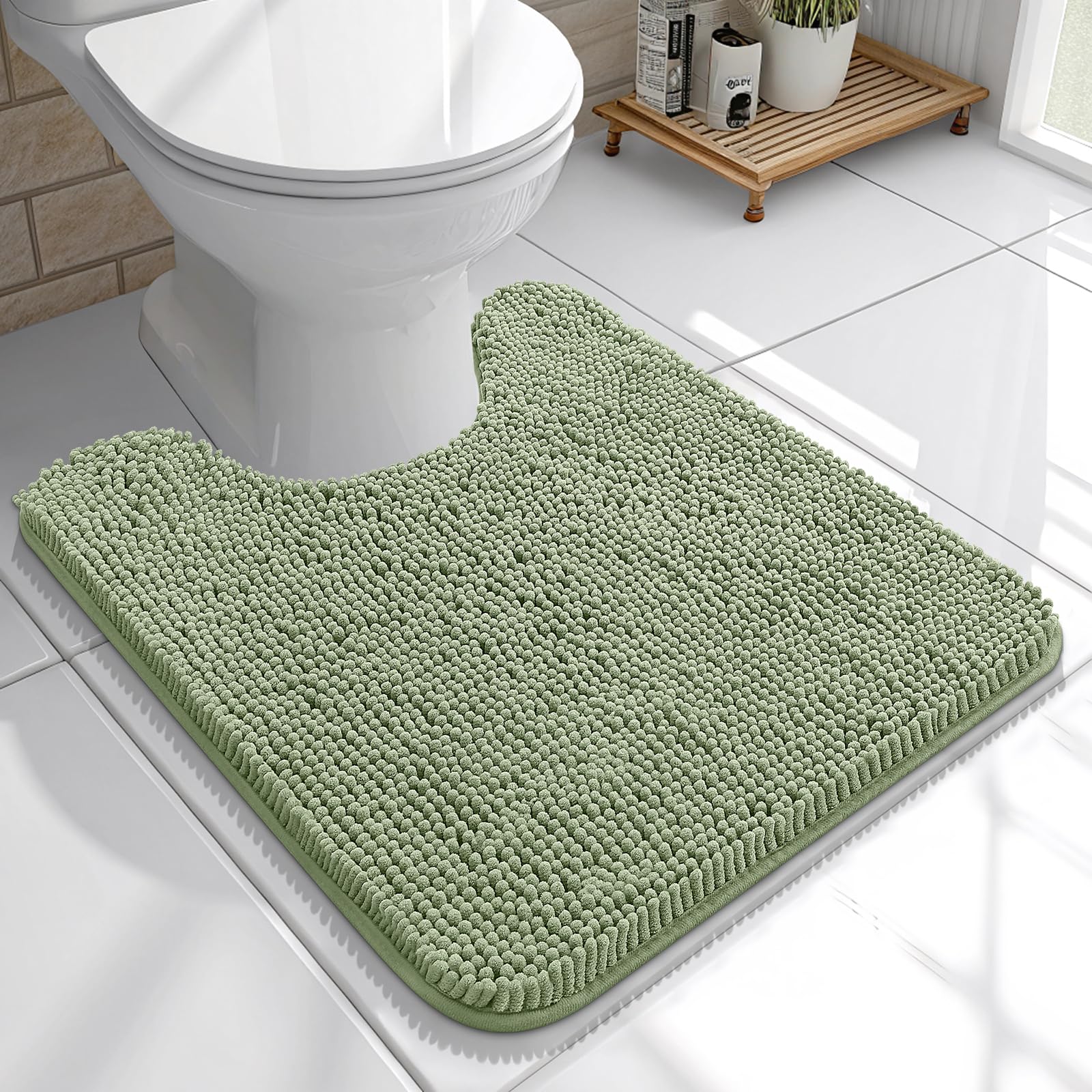 OLANLY Toilet Rugs U-Shaped 20x20, Soft Absorbent Chenille Contour Rugs | Sage Green, Quick-Drying Rubber Backing, Machine Washable Non-Slip Shaggy Bathroom Mat for Toilet, Home Decor Accessories