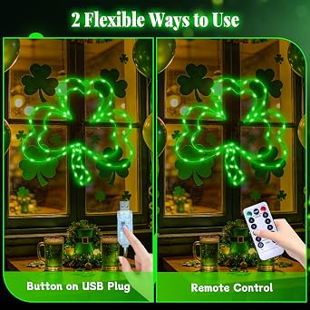 St. Patrick's Day Window Lights, 13 8 Modes Double Shamrock Window Lights, 65 LED USB Powered Clover Lights with Remote, Timer, Lighted St. Patrick's Day Decoration for Window Home Wall