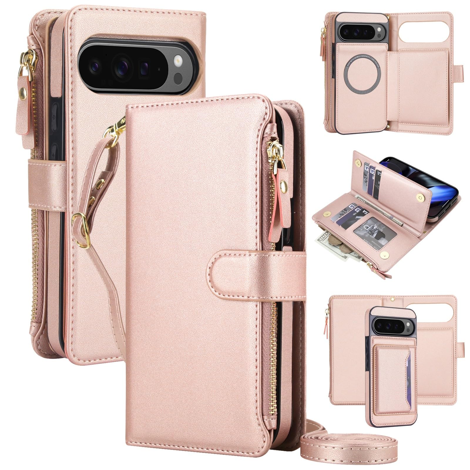 Generic Funda compatible con Google Pixel 10/10 Pro (color: oro rosa) funda de cuero extraíble con correa para el hombro