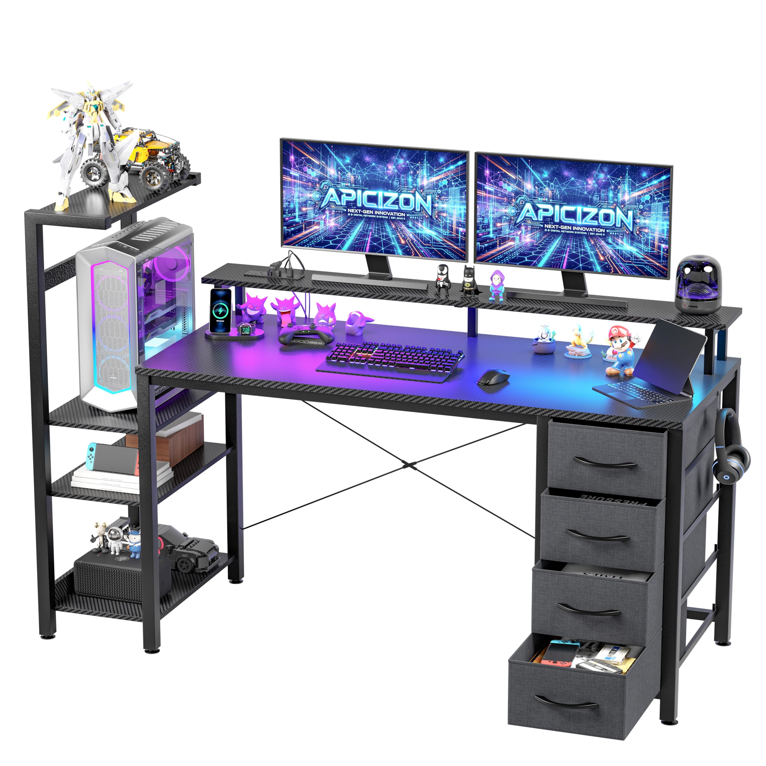 APICIZON Gaming Schreibtisch 150cm mit Bucherschrank - Umkehrbarer Computertisch mit RGB LED-Beleuchtung, 2 USB-Anschlüssen, Kopfhorerhalter & Becherhalter, Carbon-Optik Schwarz