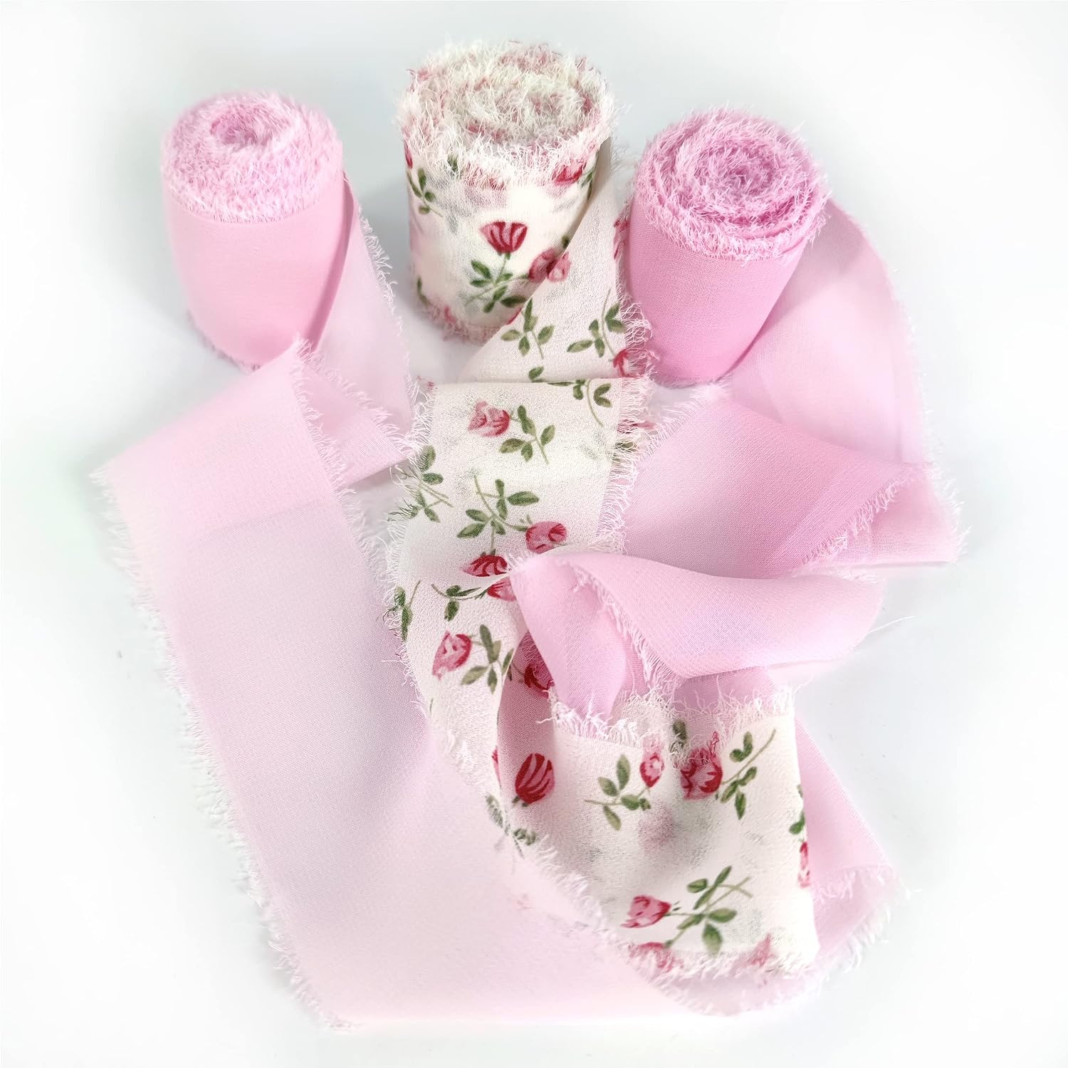 Mybbshower Floral Chiffon Fringe Ribbon 1.5" x 15Yd (3 Rolls *5Yd) for Wedding Invitations, Bridal Bouquets, DIY Tassel Garland Decorations, Gifts Wrapping & Bow Making (Pink White)