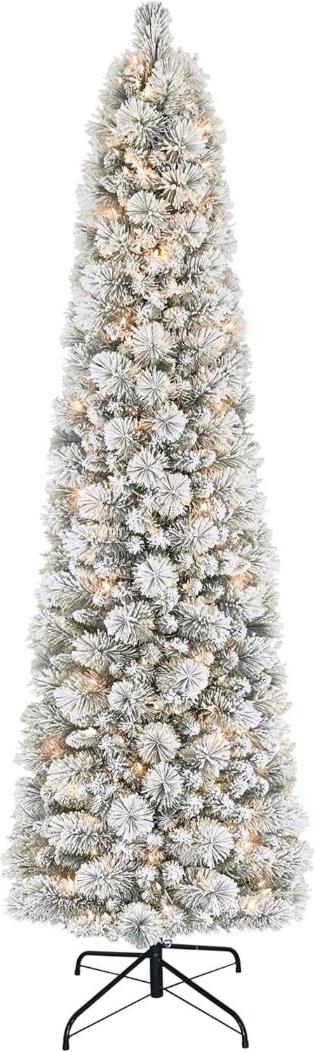 Puleo International 6.5ft Pre-Lit Flocked Portland Pine Pencil Christmas Tree with 300 Clear Lights, 410 Realistic Dense Snow Flocked Branch Tips, Easy Setup Artificial Trees with Sturdy Metal Stand 6.5' Flocked Portland Pine 300 Clear Lights