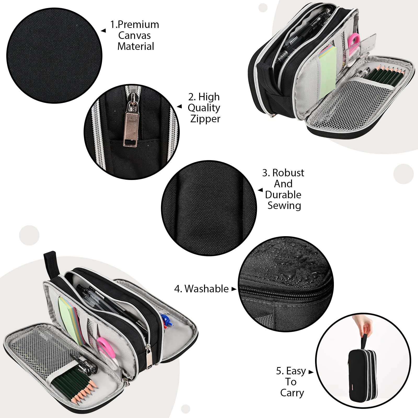 Astuccio Grande Capacità 22x11 Cm Con 3 Scomparti, Organizer Per Scuola E Ufficio, In Tessuto Resistente, Per Studenti E Ragazze - 5
