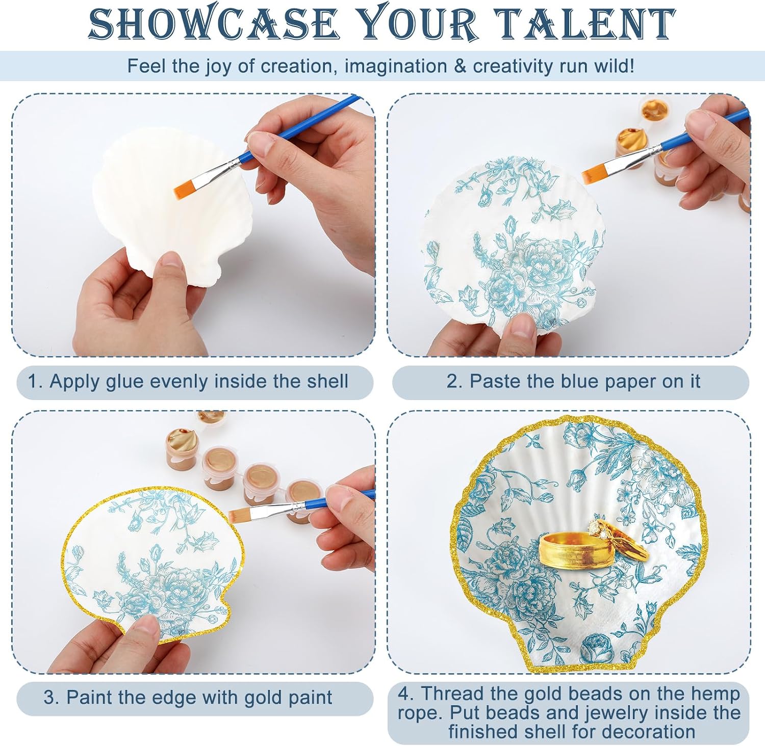 Gilprop 12 Pcs Large Scallop Shells for Shells Crafts 4''-5''with 24 Pcs Blue Floral Decoupage Paper Napkin Acrylic Paint Strips Brushes Gold Bead for DIY Ornament Jewelry Tray