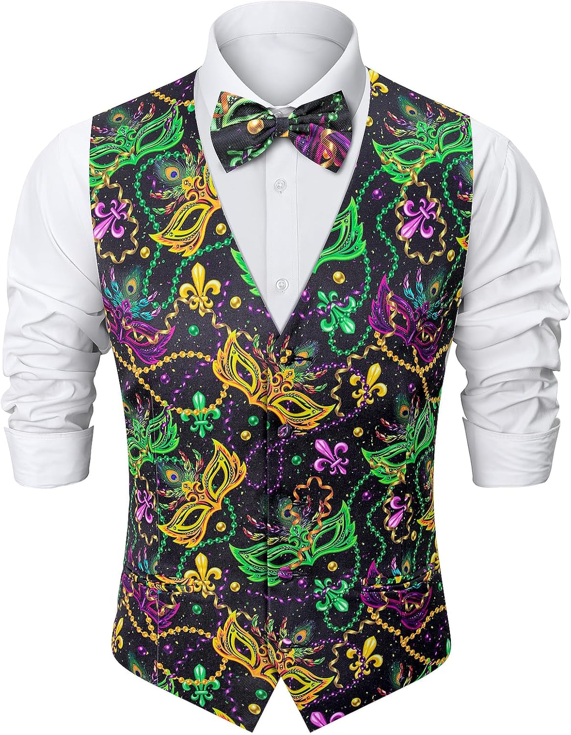 Fashonal 2-Piece Men's Mardi Gras Halloween Vest, Waistcoat Vest & Bow Tie S-3XL