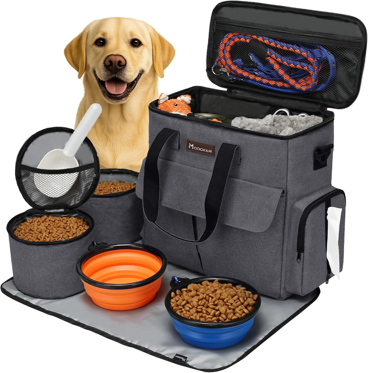 Modoker Airline Approved Pet Travel Bag, Weekend Dog Travel Set for Dog and Cat, Airline Approved Tote Organizer with Multi-Function Pockets 2 Food Storage Containers, 2 Collapsible Bowls (Dark Gray)