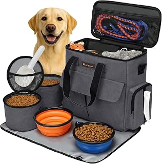 Modoker Weekend Dog Travel Bag with 2 Food Bags, 2 Bowls and Mat, Dark Gray