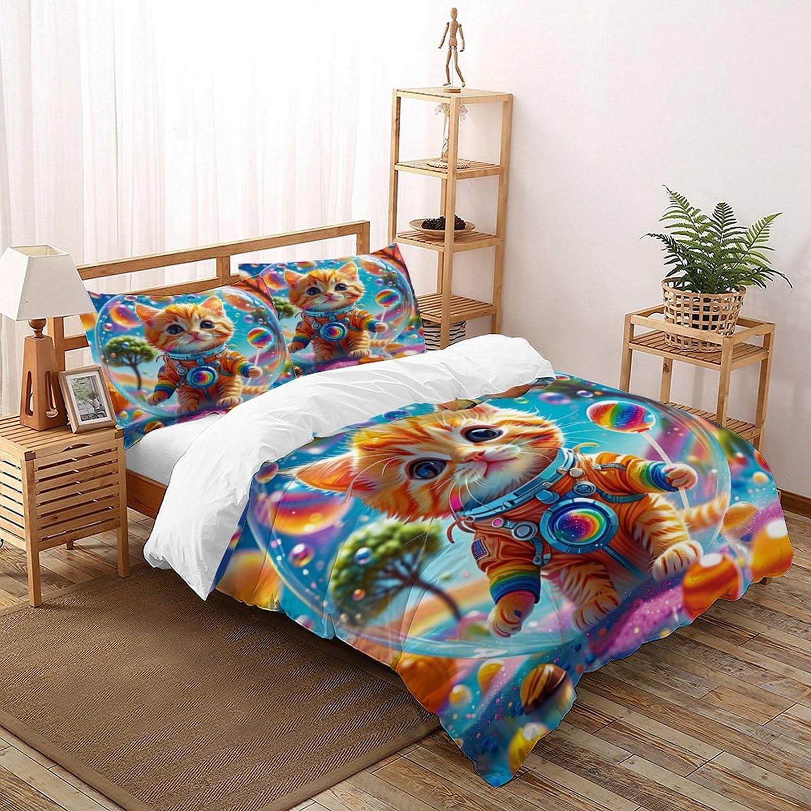 Housse de couette chaton bulle 260x220cm anti-plis avec taies d'oreiller