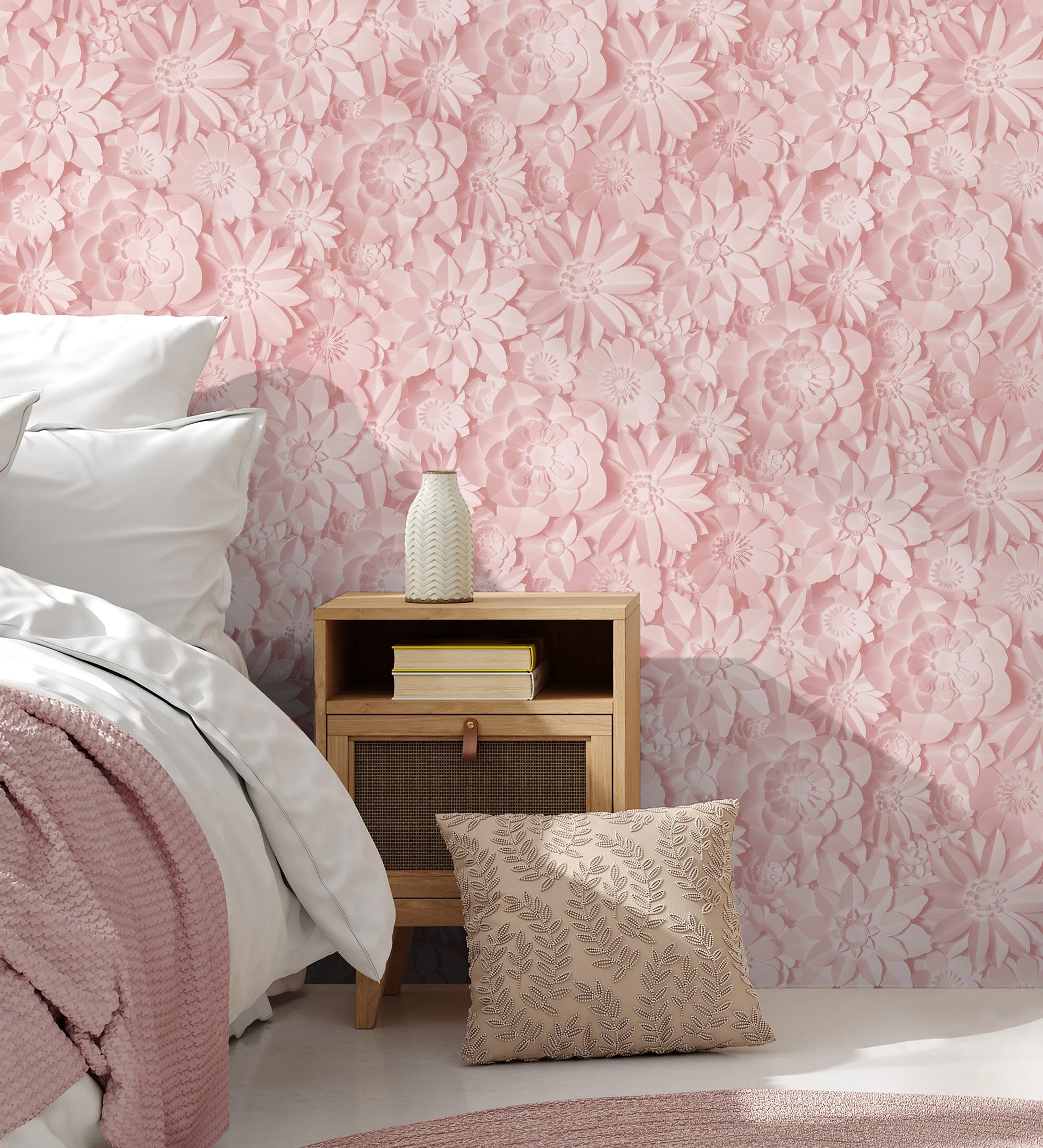 Papier peint floral rose 3D style origami pour transformer un mur de salon terne en œuvre d'art