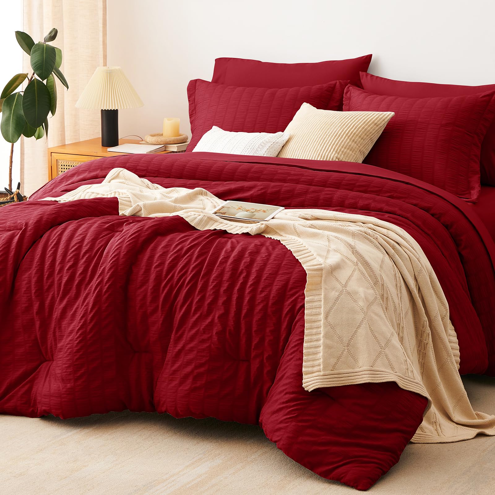 Photo 1 of CozyLux Oversized King Seersucker Comforter Set - Dark Red