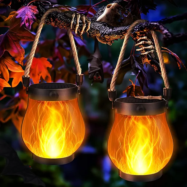 Jyoiat Halloween Solar Flame Lantern Hanging Outdoor Waterproof Purple - 2 Pack Flame Lanterns with Dual Charging Modes of Solar & USB for Garden or Yard Halloween Decorations (Warm White - 2 Pack)