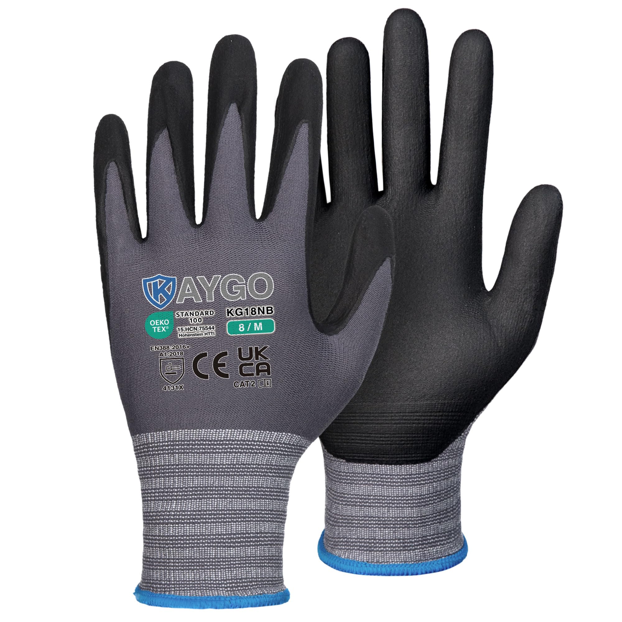 KAYGO 3 Pairs Safety Work Gloves MicroFoam Nitrile Coated, KG18N,Seamless Knit Nylon Glove with Black Micro-Foam Nitrile Grip,Ideal for General Purpose,Automotive,Home Improvement