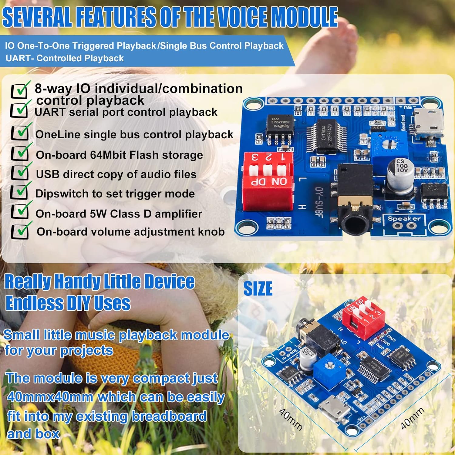 2pcs Voice Playback Module Board MP3 Player Music Voice Module Board, 5W 64MBit Flash Serial Control SD/TF Card IO Trigger Serial Adapter Control Playback Module DV-SV8F